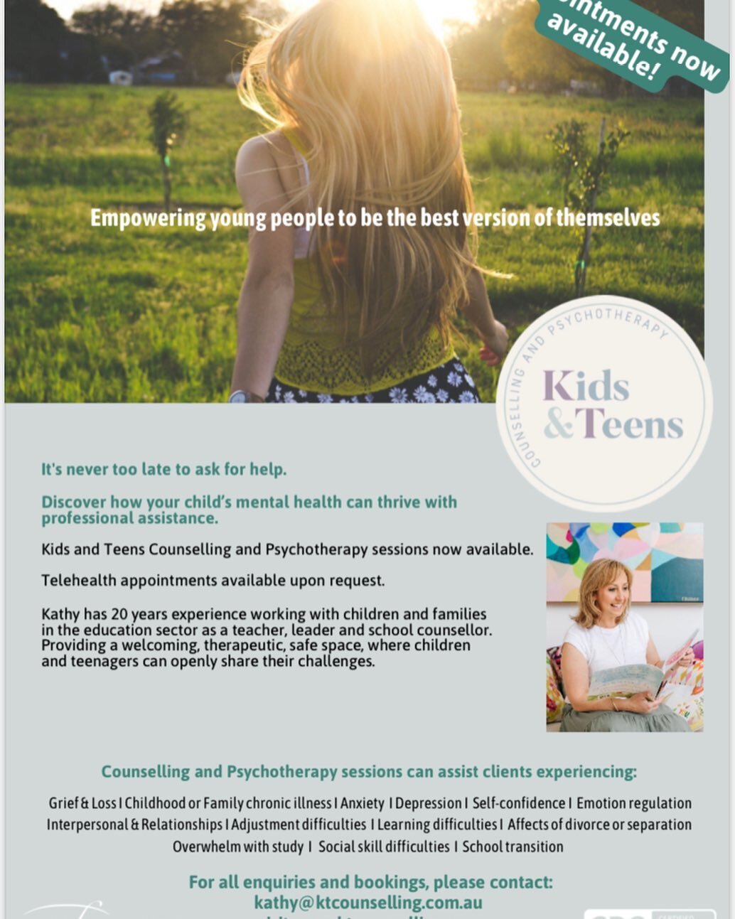 Kids and Teens Counselling and Psychotherapy now have appointments available from Thursday 18th August at Little Footsteps Children&rsquo;s Clinic - 92 Aberdeen Road, Macleod. Email Kathy@ktcounselling,com.au to make an appointment today!