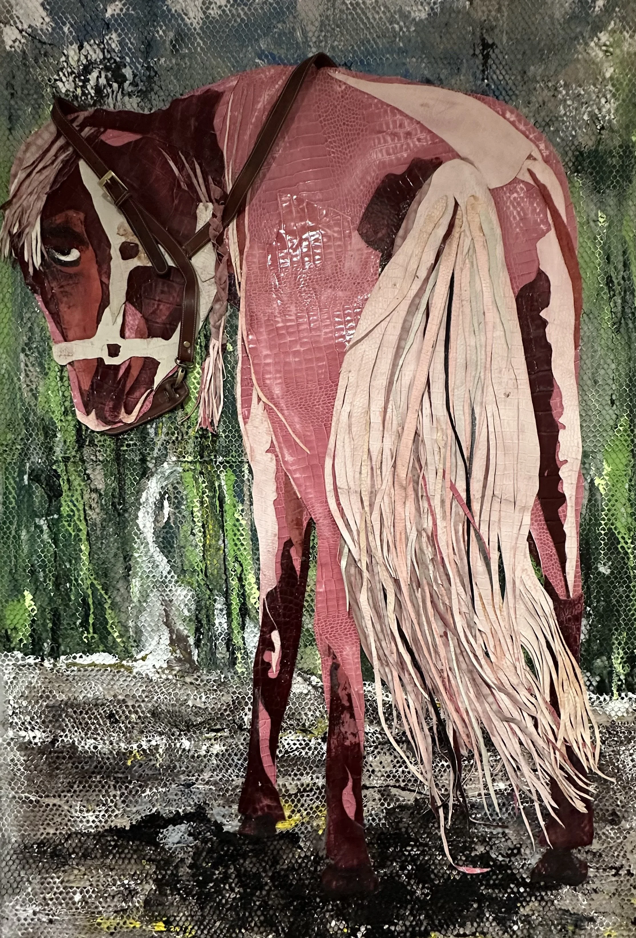 Burden Grace : Leather, Acrylic and mresin mesh assembled ( 72' x 44" )