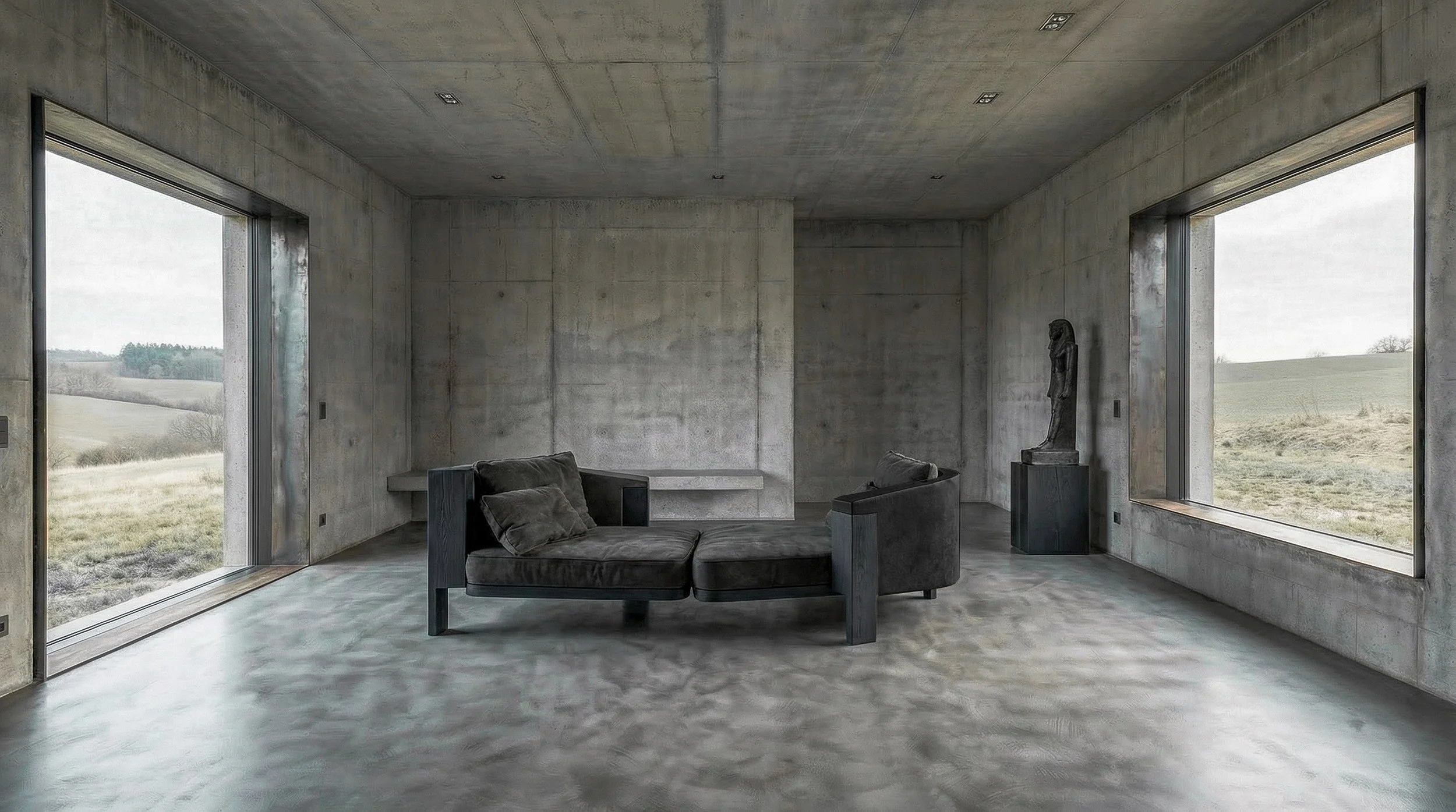 A minimalist black coffee table in a bright white room with large windows and sunlight casting shadows on the floor.