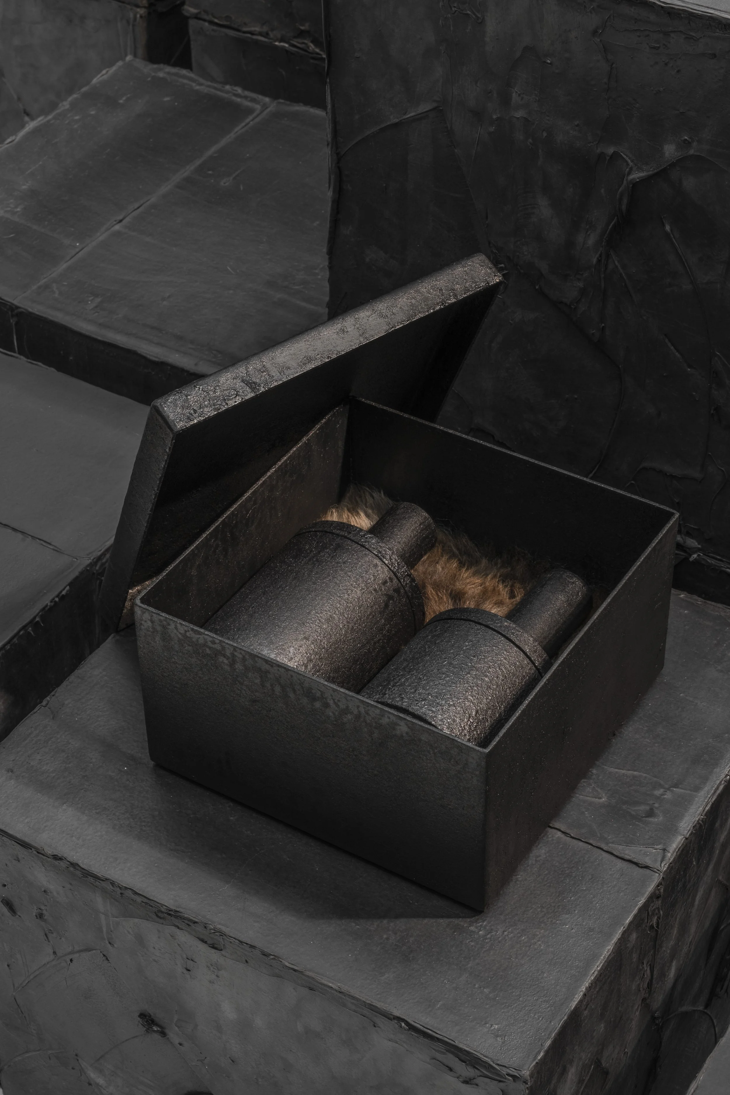 Open black box with two cylindrical objects inside, resting on fur, against a black textured wall and black surfaces.