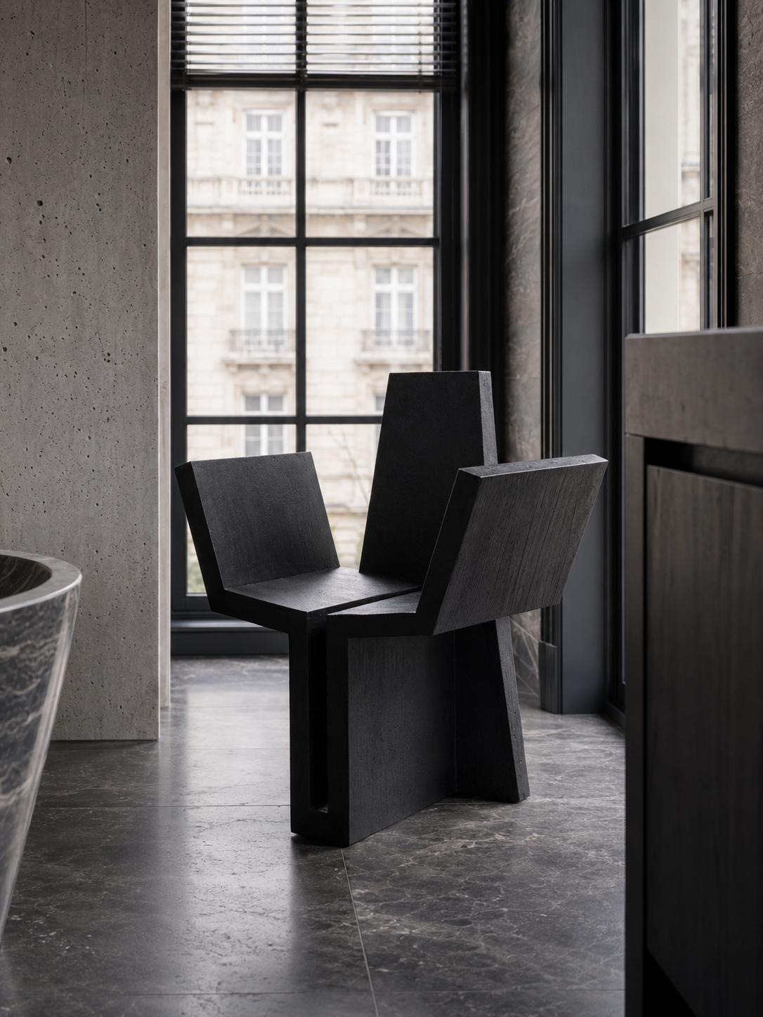 Black sculptural armchair beside a tall window overlooking city buildings.