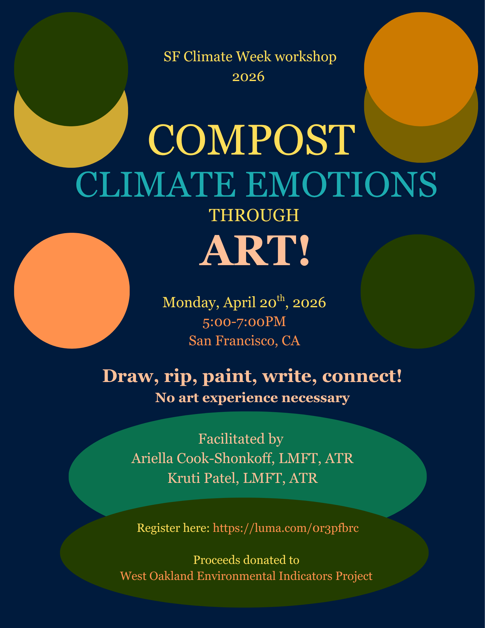 Workshop flyer for “Composting Climate Emotions Through Art,” an in-person climate emotions art workshop in San Francisco on April 20, 2026, from 5:00 PM to 7:00 PM.