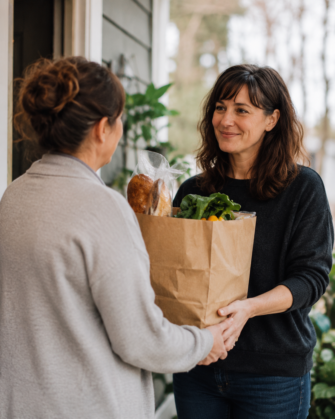 Two women exchanging a grocery bag as a gesture of community support and mutual care.