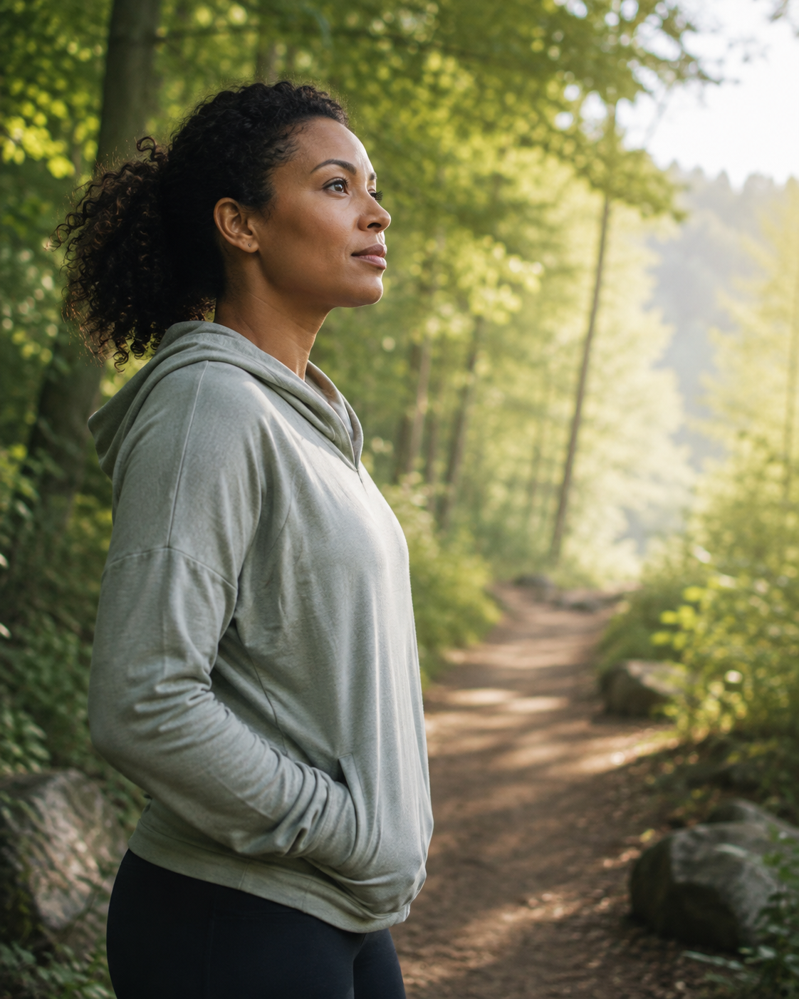 Person pausing on a wooded trail, reflecting resilience, perspective, and moving forward after setbacks.