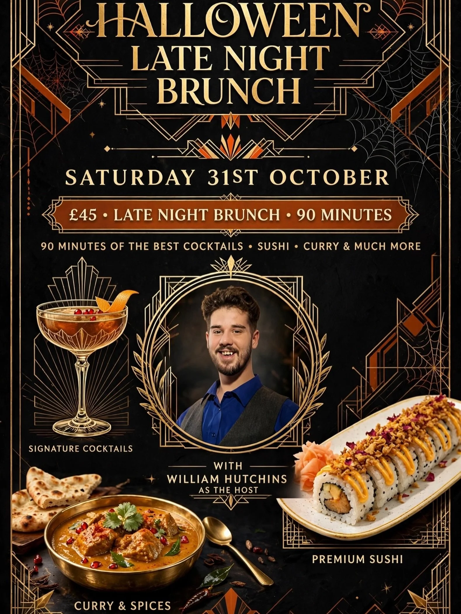 🎃🖤 HALLOWEEN LATE NIGHT BRUNCH 👻🥂

Get ready for a spooktacular night of cocktails, sushi, curry &amp; much more! 🍣🍛🍸

Join us on Saturday 31st October at Base Camp Lounge for 90 minutes of incredible food, delicious cocktails, and Halloween v