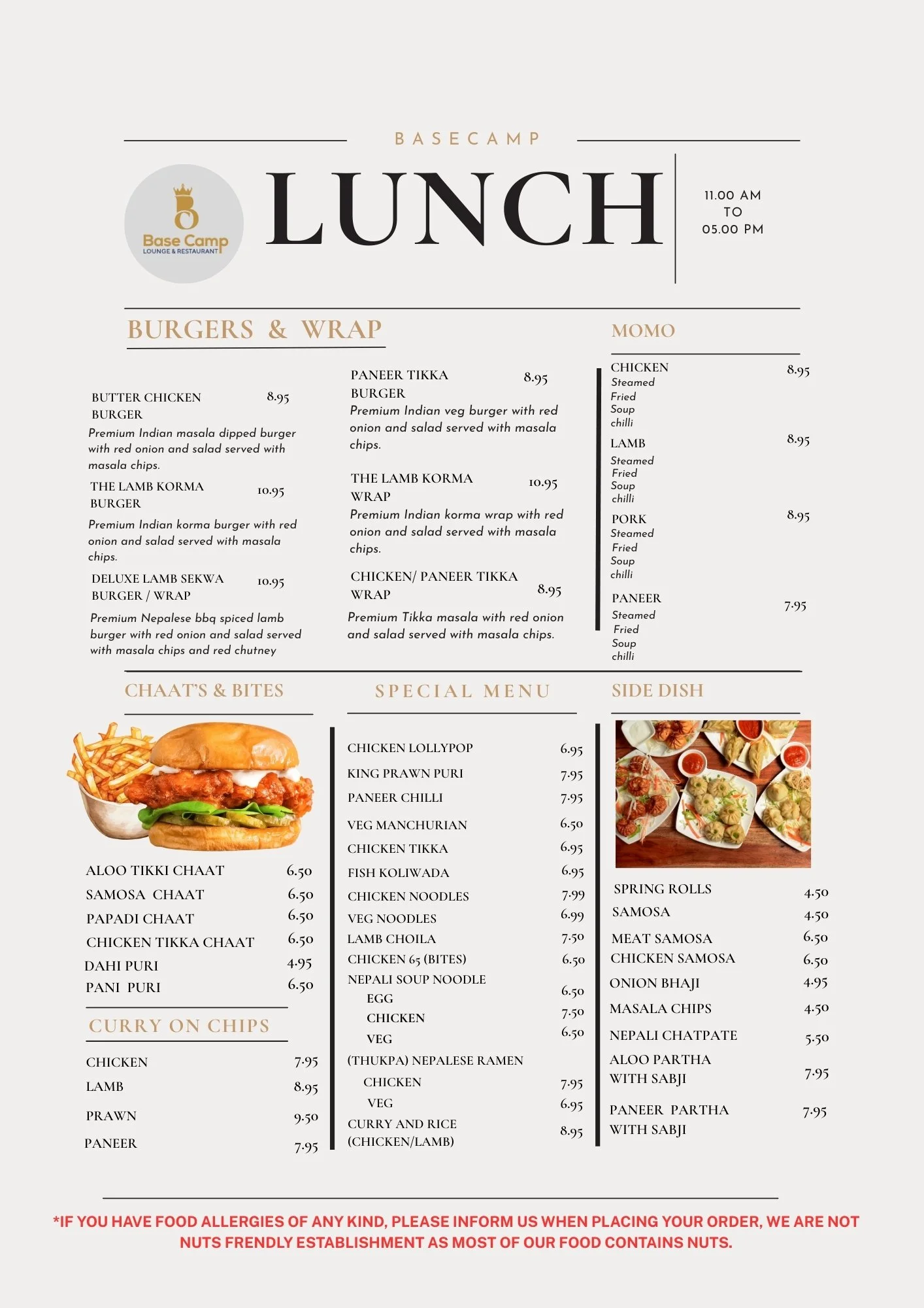 Menu for Base Camp Lounge & Restaurant featuring lunch options from 11 am to 5 pm, including burgers, wraps, chaat, curry on chips, special items like chicken lollypop and king prawn puri, side dishes like spring rolls and samosas, and an allergy war