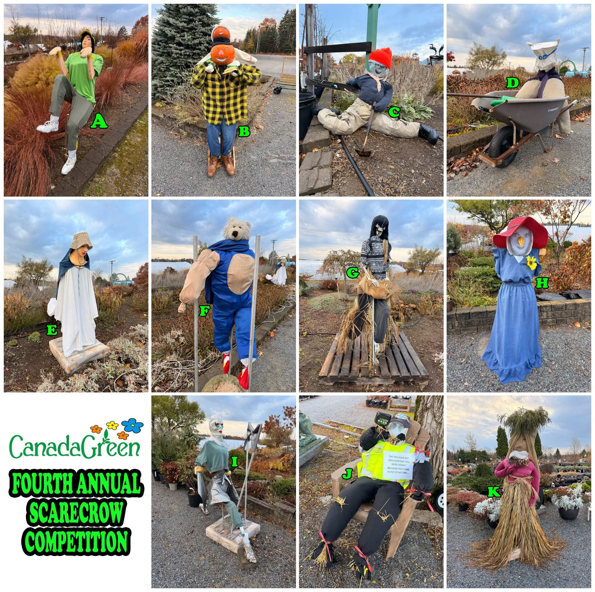 Voting for our fourth annual scarecrow contest starts now! 

It's easy enough - just comment the letter of the scarecrow you like best!
You can also vote in-store for an extra vote - and we'll have some sweet treats out for you, too!

We'll tally the