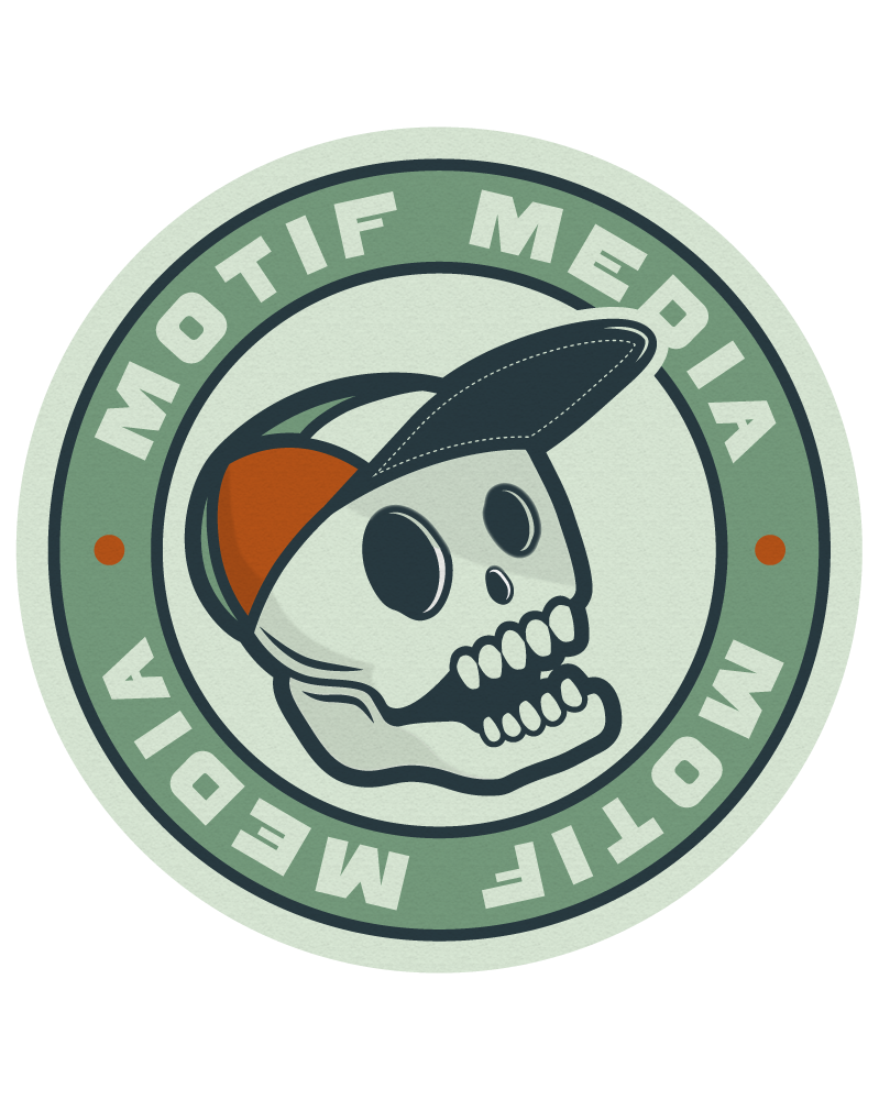 A circular logo with a skull wearing a cap, with the words "Motif Media".