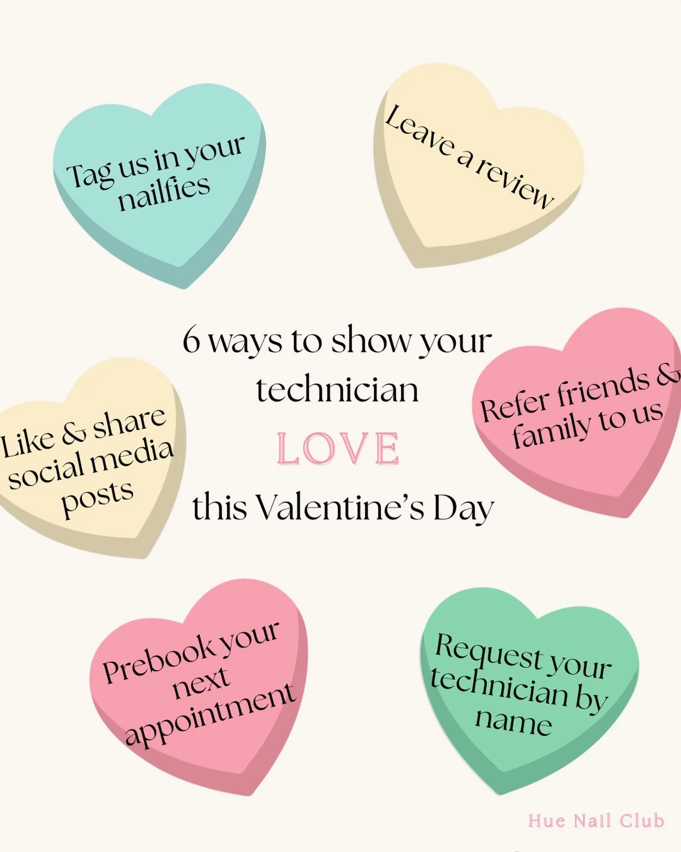 Need a few (free) ideas to make your tech smile this Valentine&rsquo;s Day? Here&rsquo;s a few ideas to spread the love 💛 
&bull;
&bull;
&bull;
#valentinesday #vday #vdaygifts #5starreview #nailtechnician