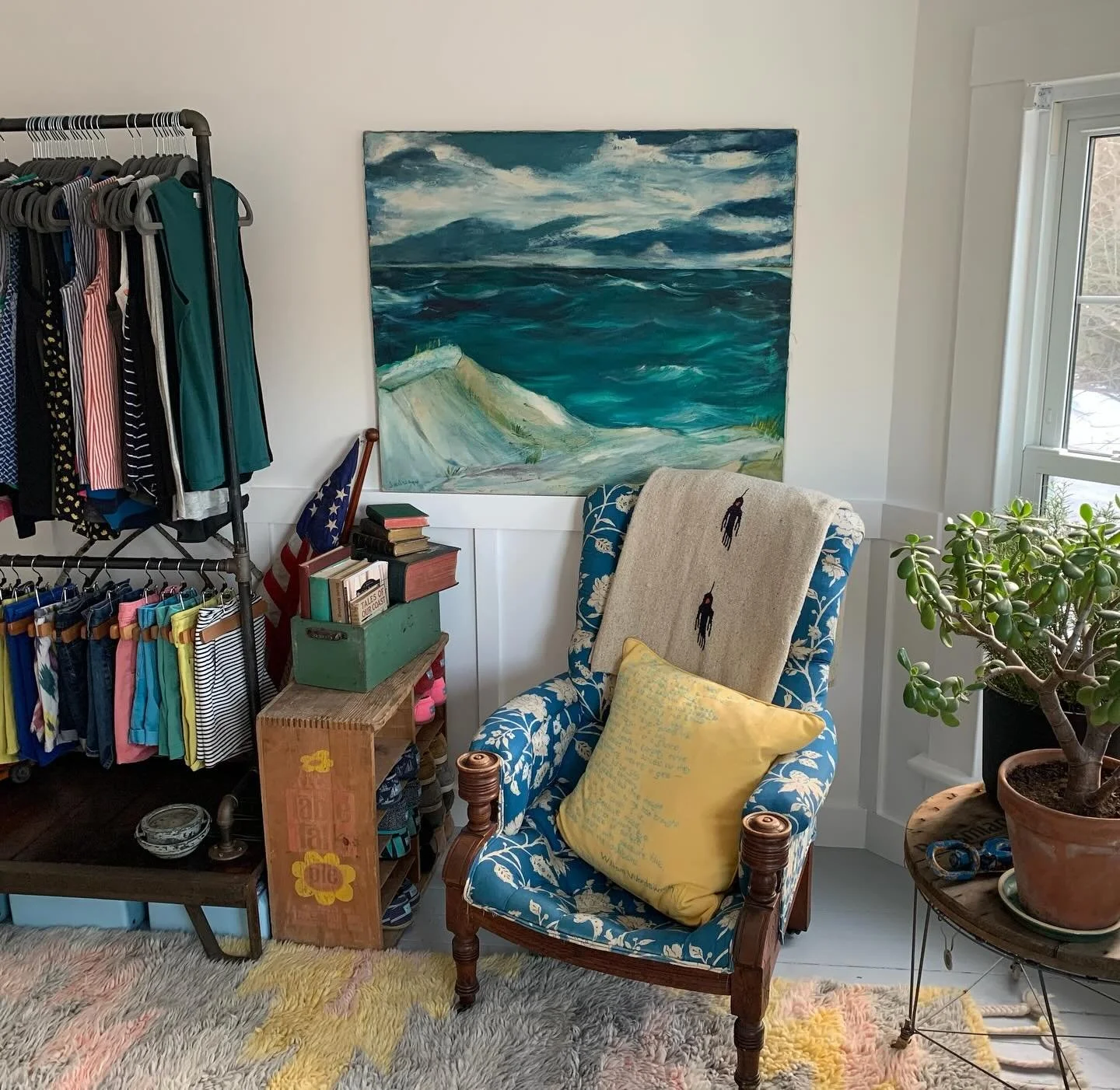 New Harwinton Bedroom-
Within an 1800&rsquo;s farmhouse, our goal was to create a bright and tranquil space to be a backdrop for our client&rsquo;s antique furniture, plants, vintage toys, and artwork. The chair rail had to go, along with the painted