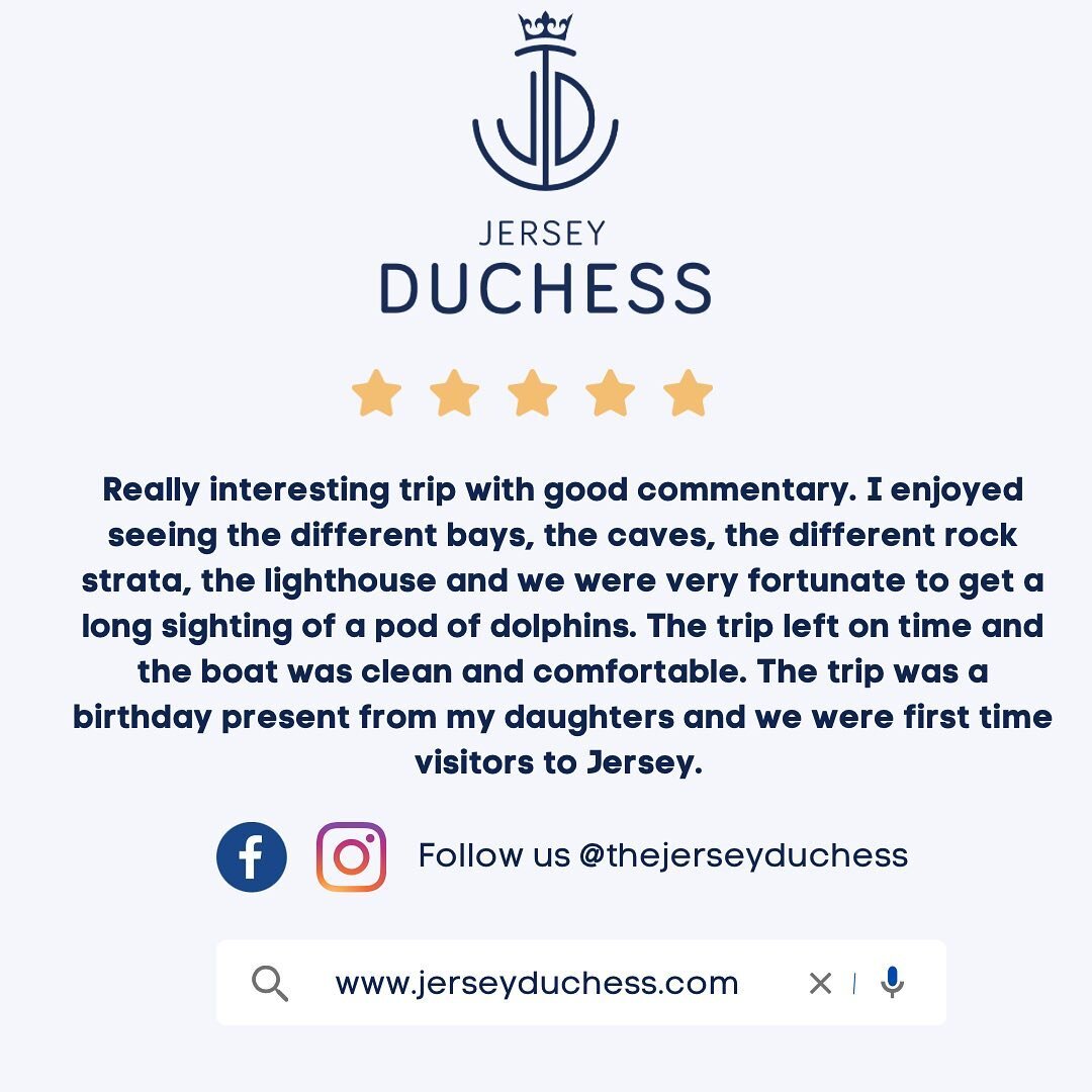 ⭐️⭐️⭐️⭐️⭐️

We love Customer Feedback and we love having you on board!⚓️

We are very lucky to be seeing lots of Dolphins on our tours at the moment. 

Be sure to jump on board the Jersey Duchess to see the Island from a different perspective 🐬👸 

