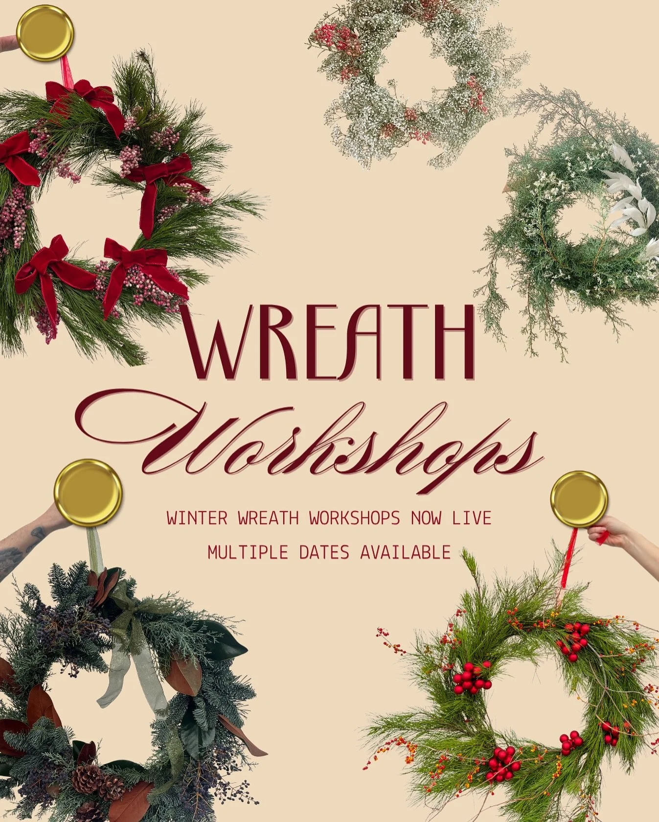 WINTER WREATH WORKSHOP DATES ARE LIVE!!!!! 
Visit our website for full details and to snag a seat while you can! 🪾🌲🪩🎀