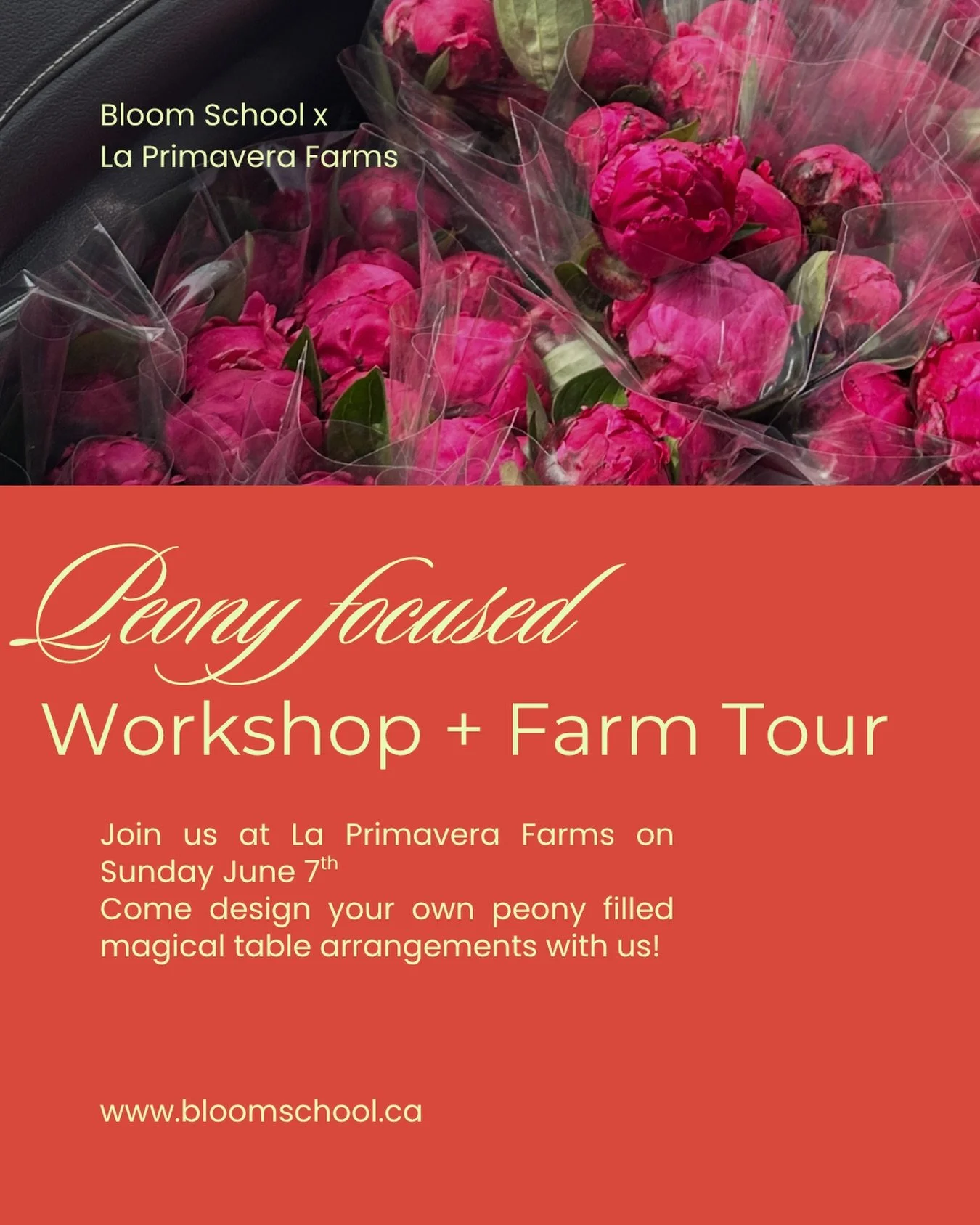 PEONY FOCUSED WORKSHOP  X FARM TOUR
Sunday June 7th at @la_primavera_farms 
Tickets available at www.bloomschool.ca