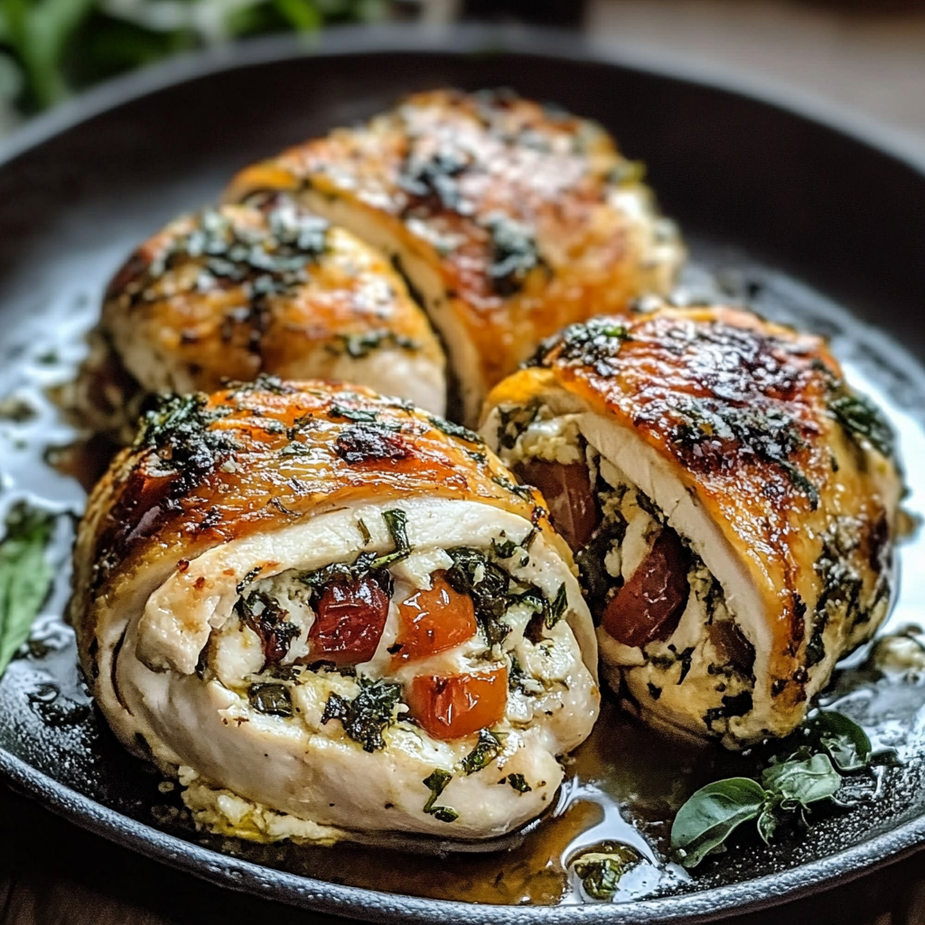 Tuscan Stuffed Chicken with roasted garlic cream sauce