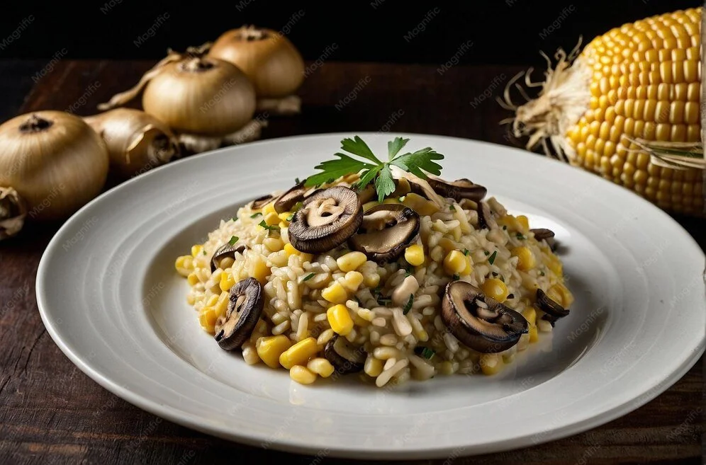 Roasted Garlic & Corn Risotto with Wild Mushroom SauteeⓋ