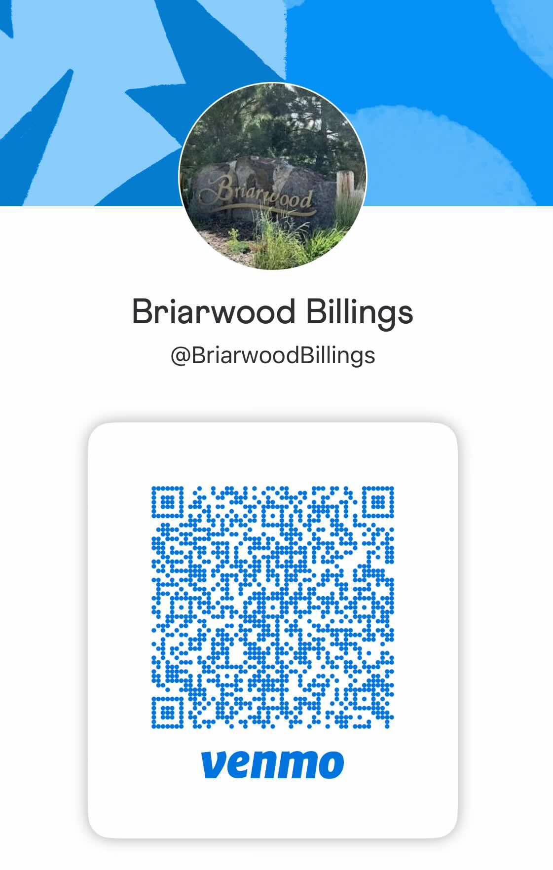 A social media profile for Briarwood Billings, featuring a circular photo of a landscaped rock with Briarwood engraved on it, and a blue QR code with the Venmo logo underneath for payments.