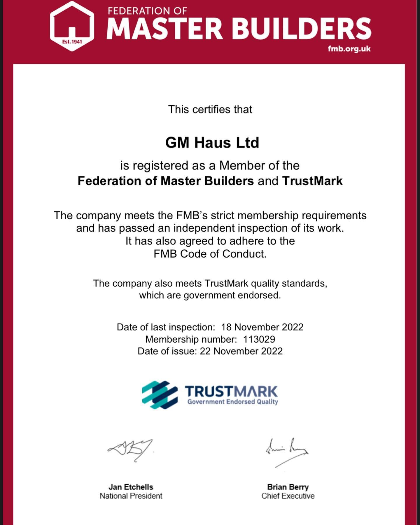 We are extremely proud of becoming a member of  the @federationofmasterbuilders  and @trustmarkuk @gmhausltd is part of largest trade association in the UK construction industry, we were professionally vetted and independently inspected on joining to