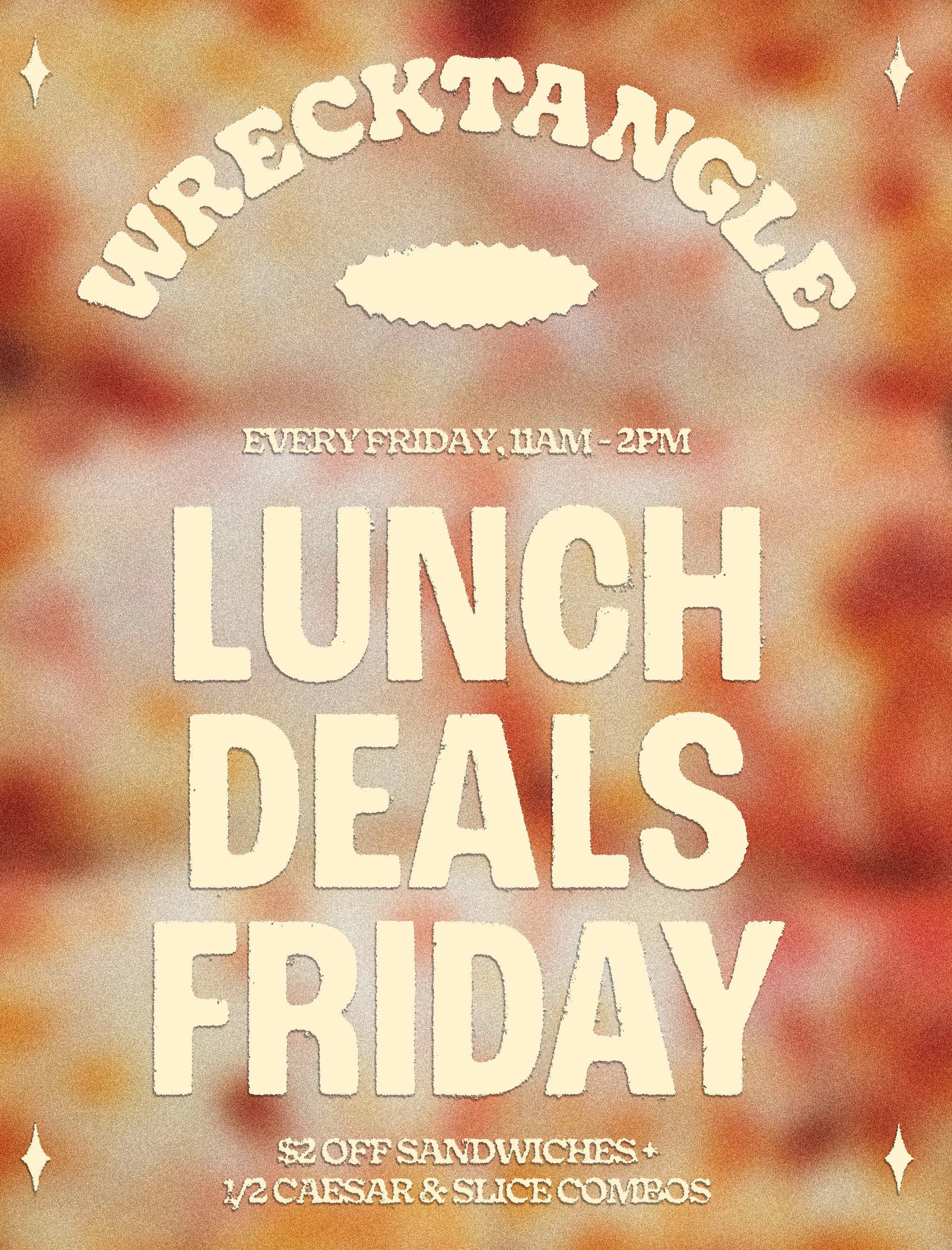 Restaurant sign with a vintage style, advertising chicken, lamb, duck, beef, and deals on sandwiches, fries, and sliders, with opening hours from 11am to 2pm.