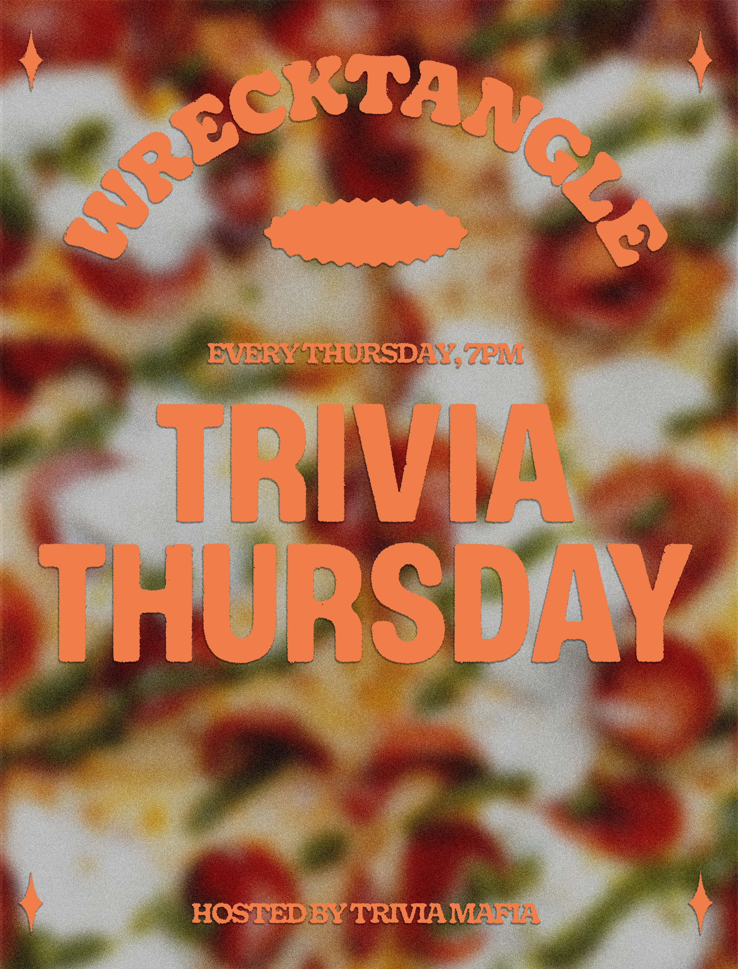 Promotional flyer for a weekly trivia night at Duck Tagi's, every Thursday at 7 PM, hosted by Trva Mafia. The background features blurred holiday-themed ornaments and decorations.