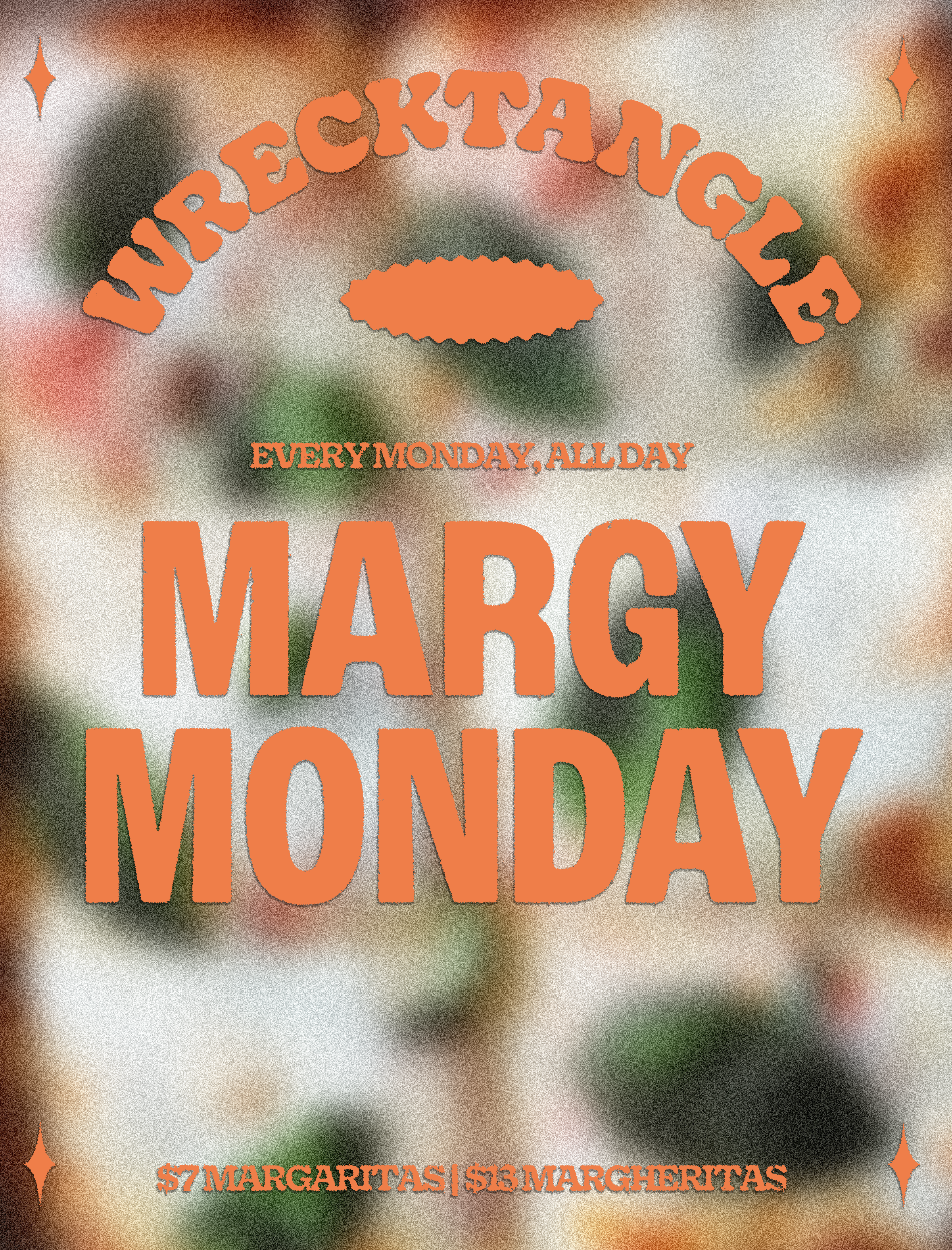 Sign promoting a weekly Margarita Monday special with a background of colorful blurred lights. The sign indicates margaritas cost $7 and margarita pizzas cost $8, with the words 'Every Monday, All Day' and decorative orange stars.