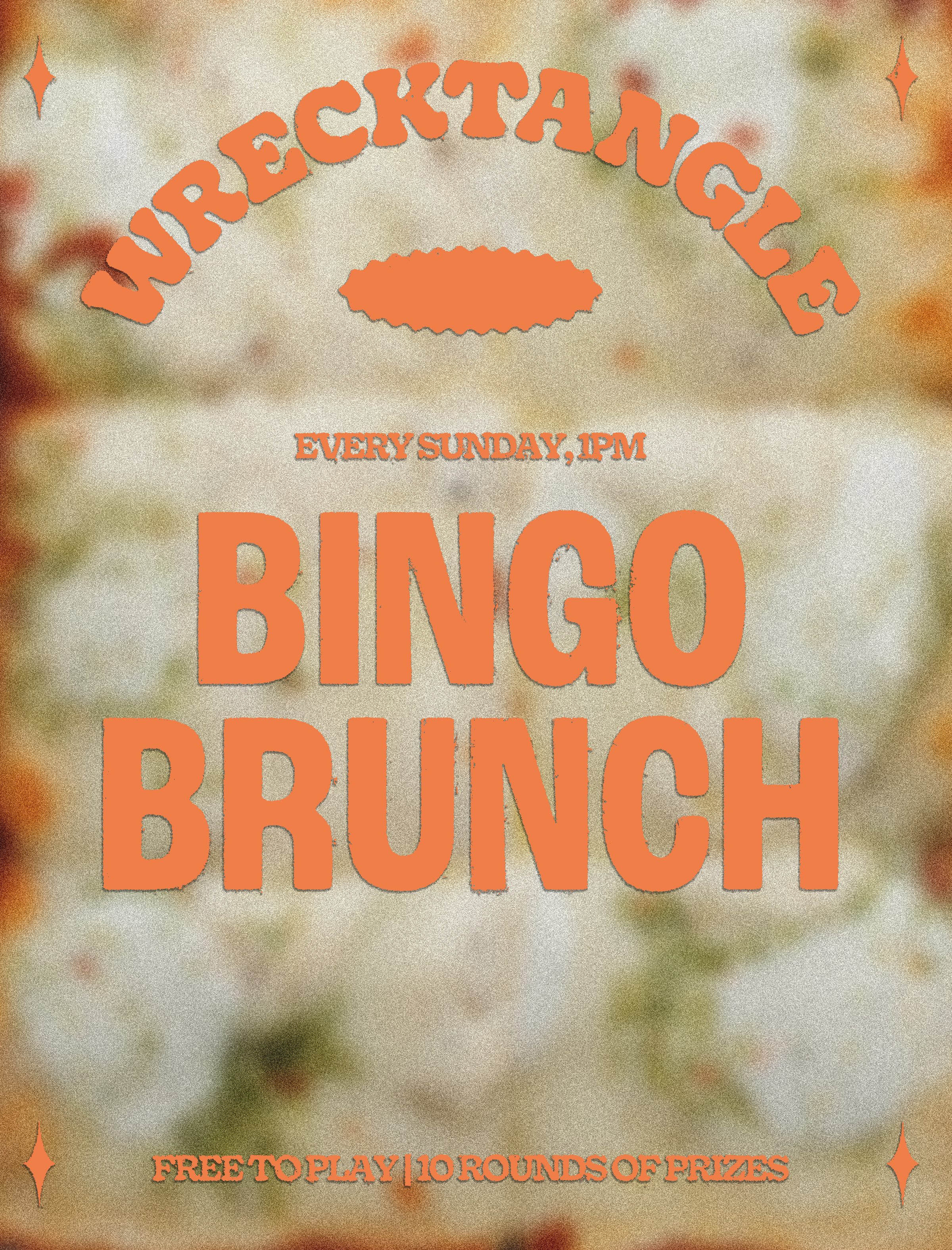 Sign advertising a weekly bingo game every Sunday at 1 PM, with free to play, 10 rounds, and prizes. Background is blurry with warm tones, and the text is in bold orange letters.
