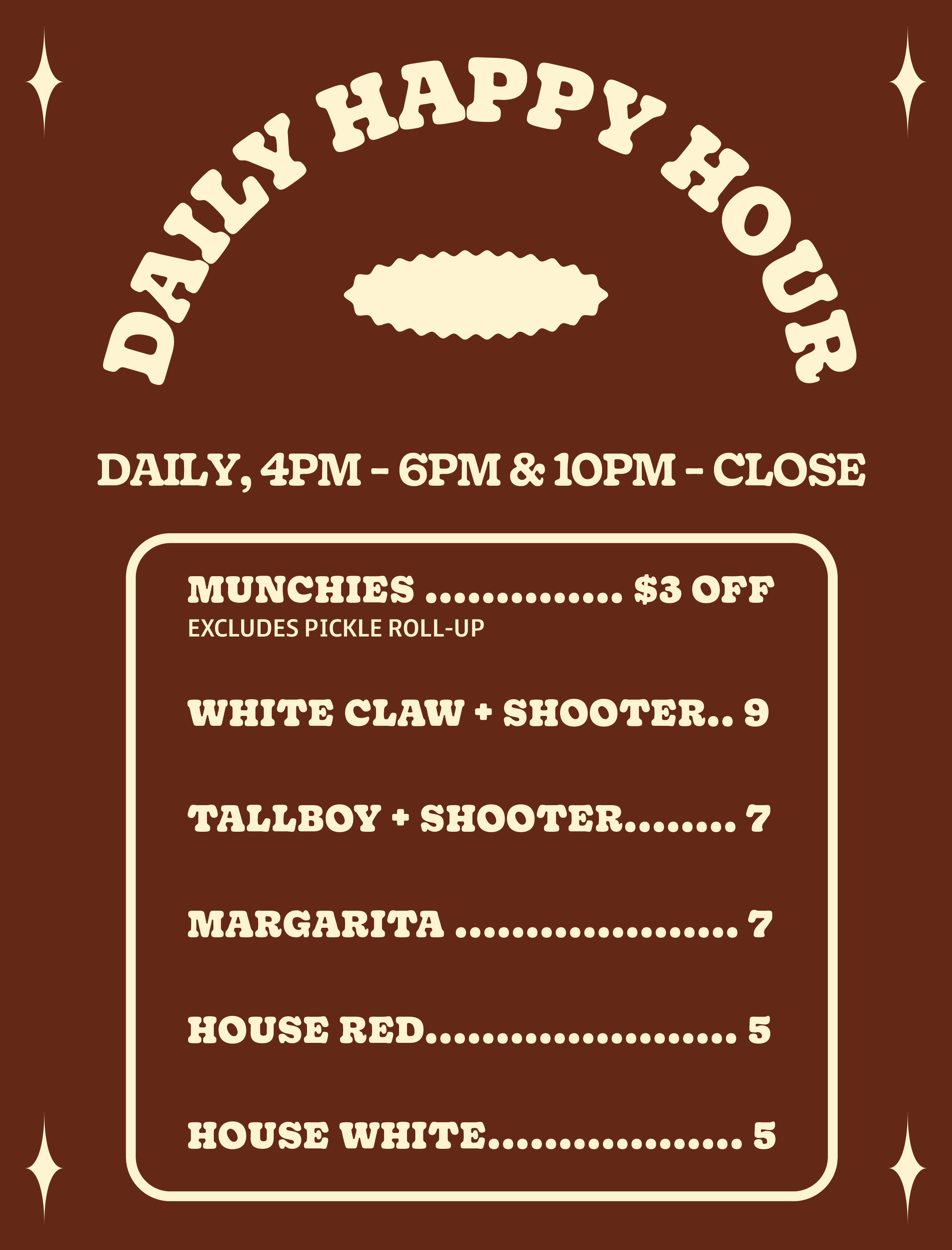 A vintage-style restaurant menu sign with a brown background and cream-colored text, featuring opening hours and a list of menu items with prices.