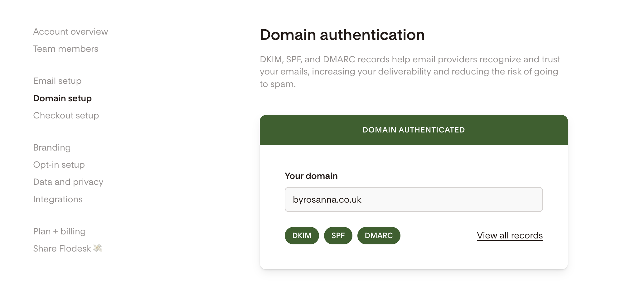 Flodesk domain settings