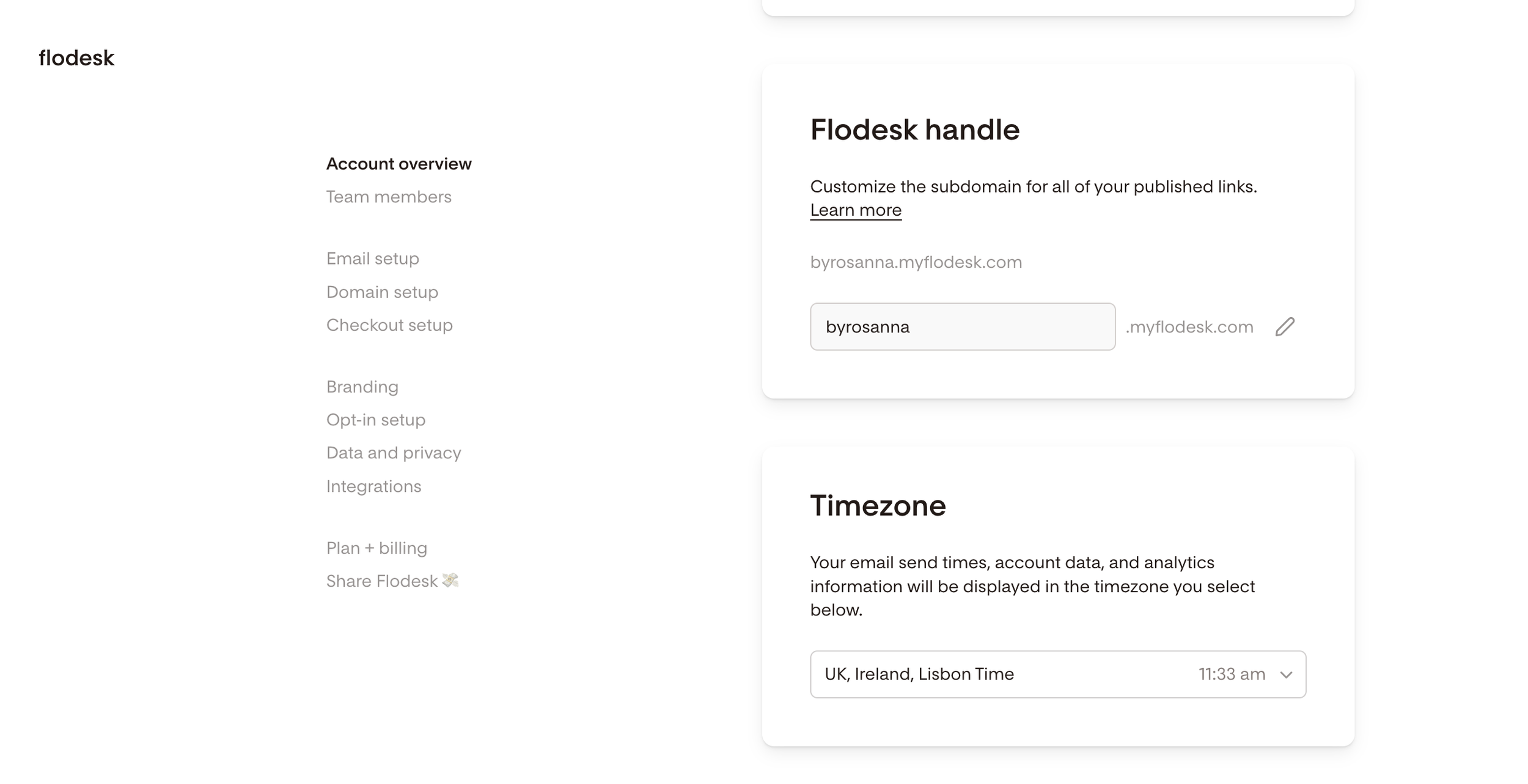 Flodesk account settings