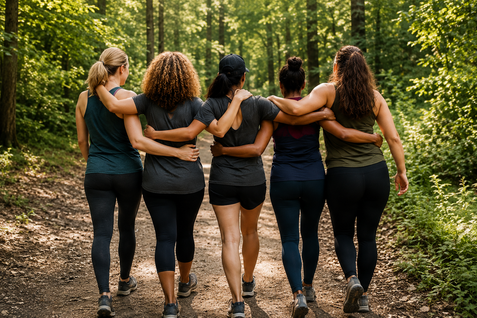 Women walking together on a wooded trail during a survivor wellness weekend.