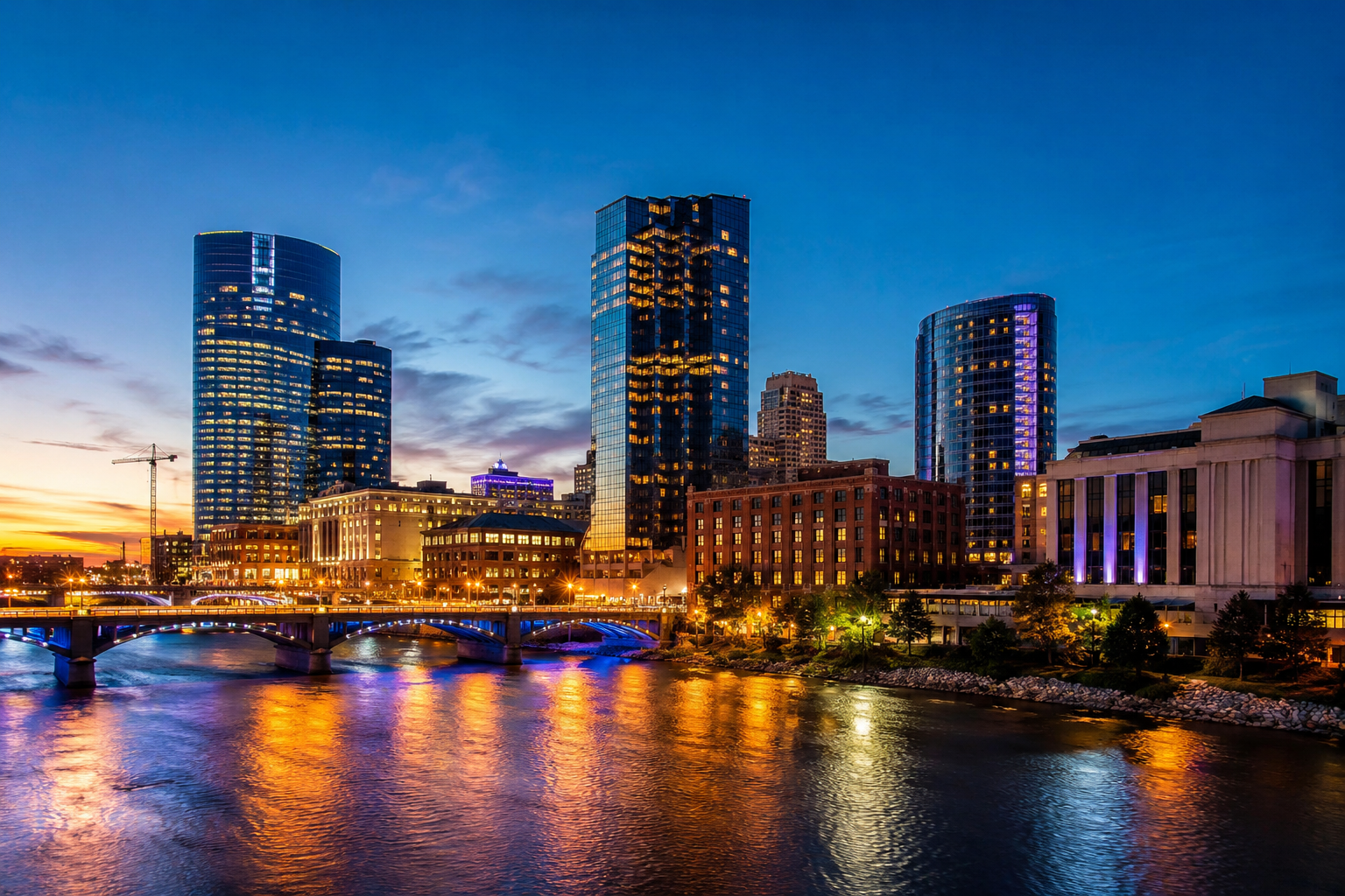 Grand Rapids, Michigan skyline along the Grand River, representing The SOAP Project's partnership with God Who Sees Ministries to raise awareness of human trafficking.