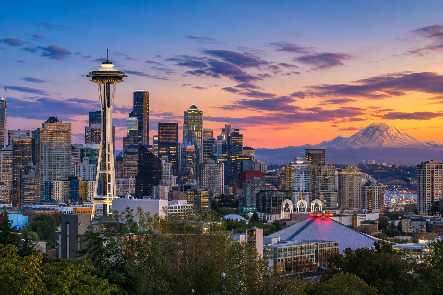 Seattle skyline at sunset featuring the Space Needle and Mount Rainier, representing The SOAP Project's outreach in the Seattle metropolitan area.