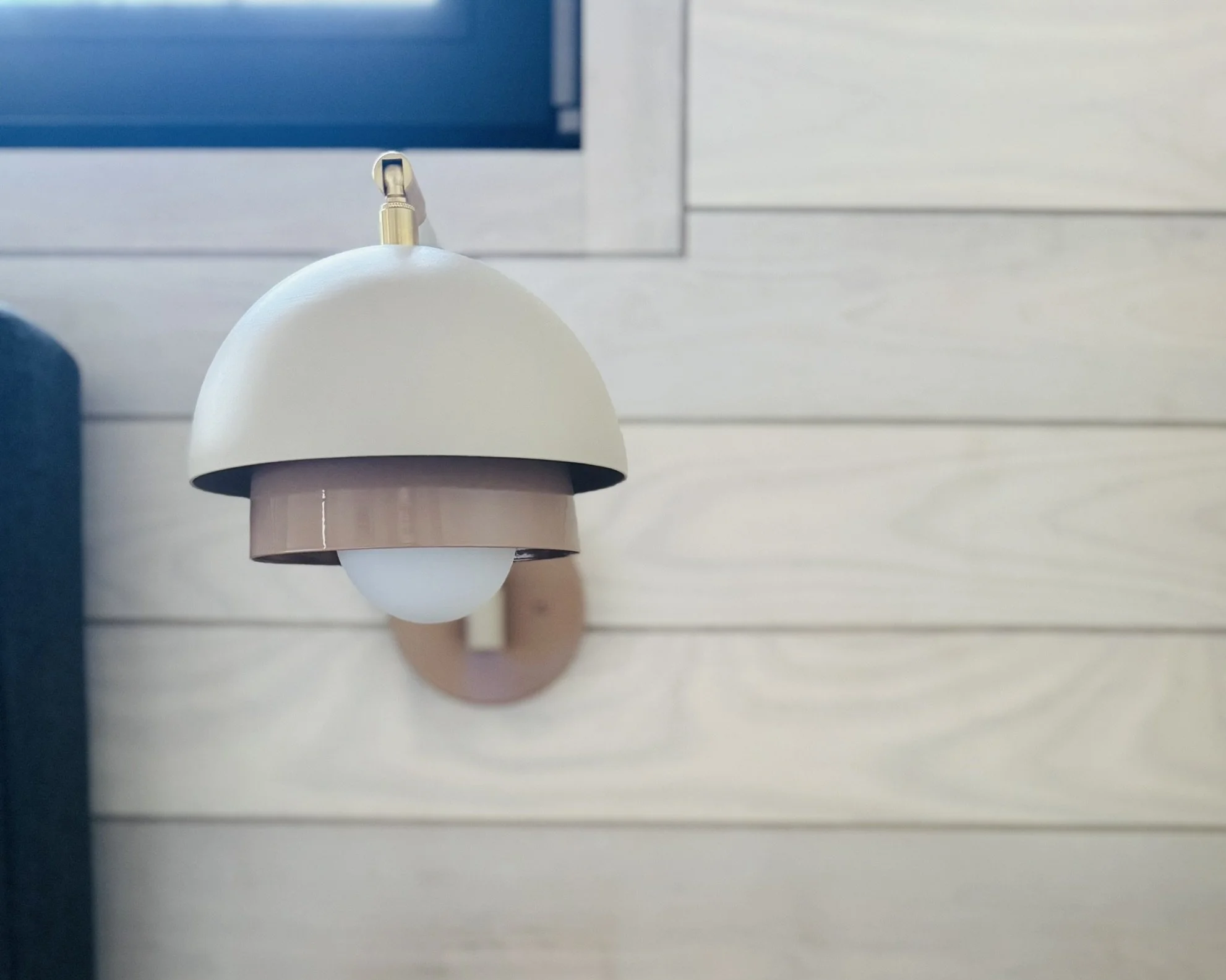 Findlandaise beside-table wall sconce with brass in Linen and White Matte by Luminaire Authentik Quebec at Hinterhaus 41 by Elevin Design Studio, modern architectural lighting detail, contemporary residential interior, photo by Brad and Shawn Hernden
