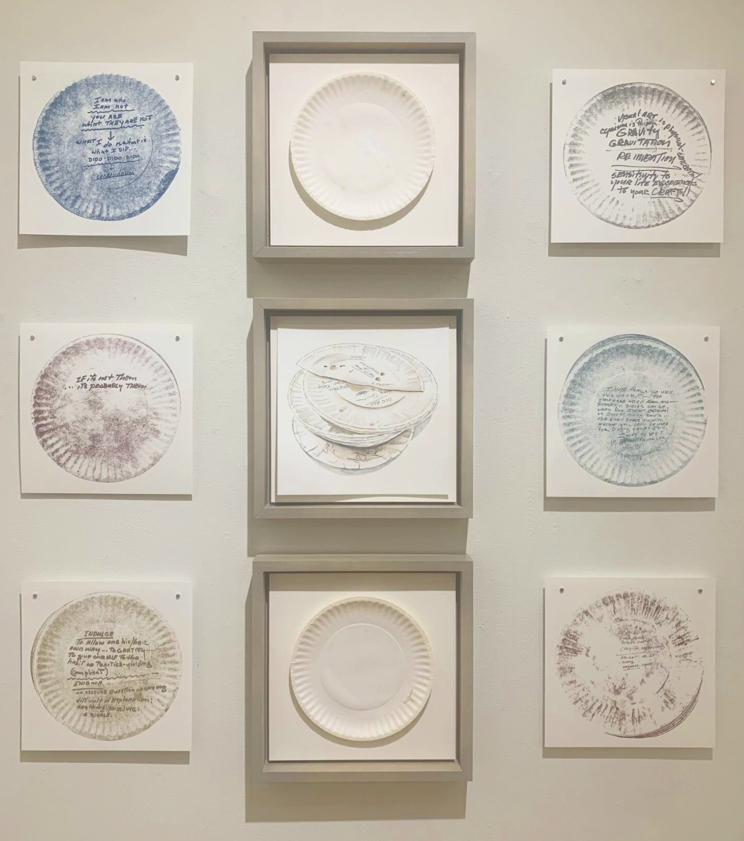 Fragile, Thanks!, 11 x 11" (11). screenprints, walnut ink, charcoal, BFK Rives, and paper plates. (Artwork purchased by Ripon College)