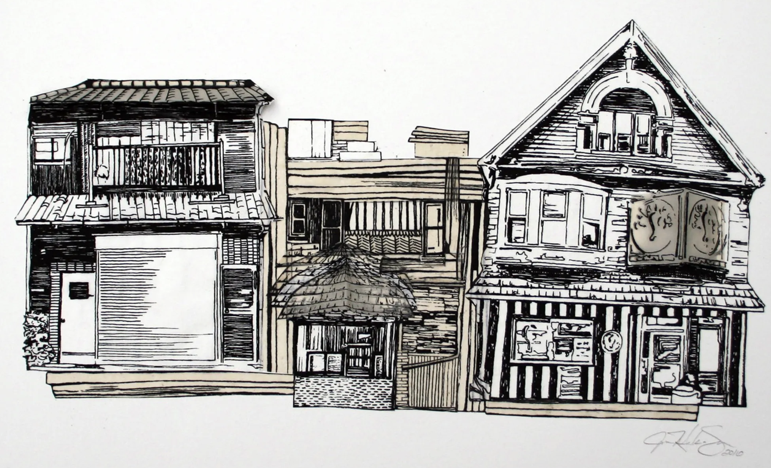 Row Houses, 14 x 16", assembled screenprints on hanji mounted to BFK