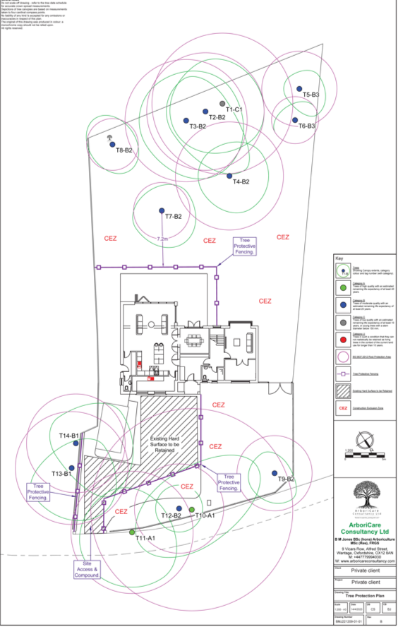 Tree protection plan showing location of existing trees labeled T8-B2, T3-B2, T14-B1, T13-B1, T12-B2, T11-A1, T9-B2, T6-B3, T5-B3, and T7-B2, with canopy circles and protective fencing around each tree, project site layout, and designated areas marked CEZ for construction exclusion zones.