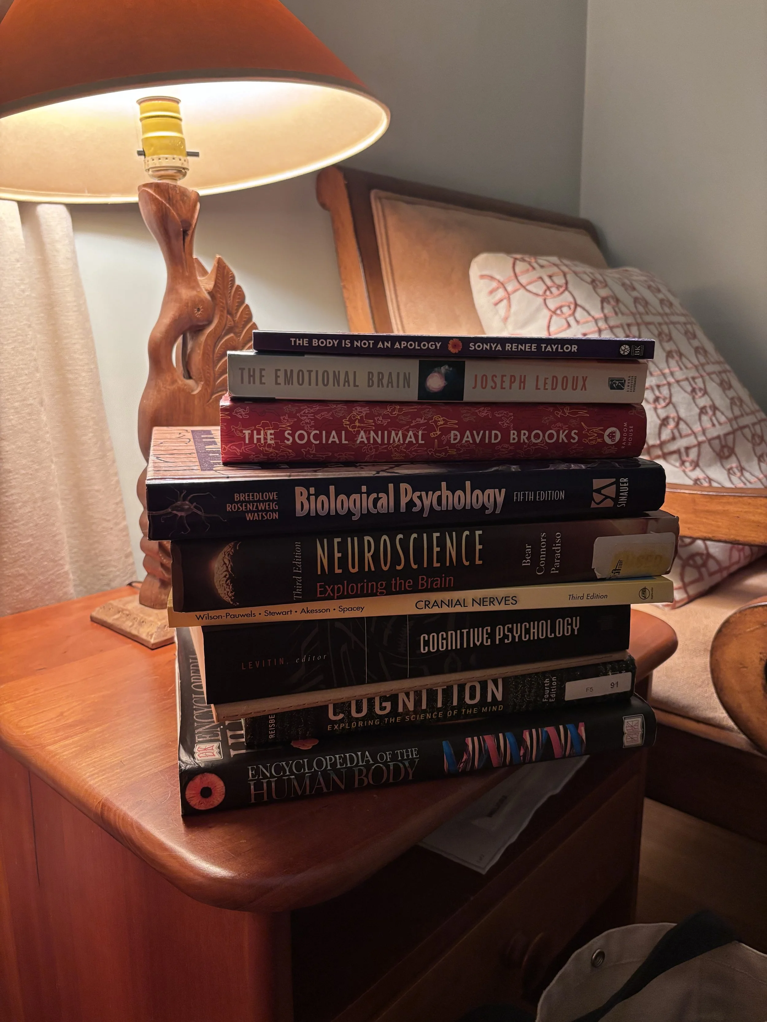 a stack of 10 books and textbooks on a small wooden side table, lit by a lamp in the shape of a carved peacock.