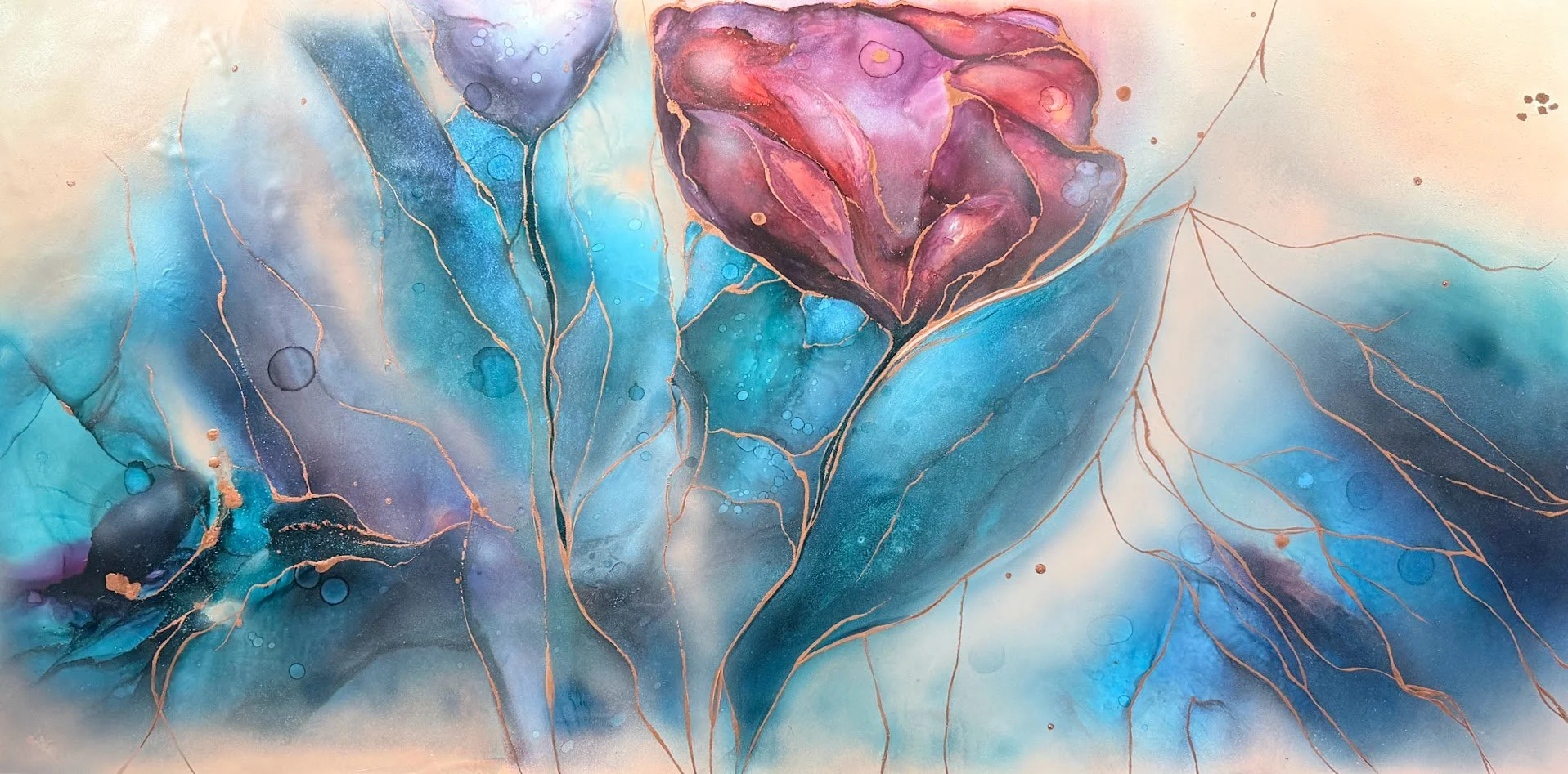 Commission 2026- Alcohol ink & Acrylic abstract floral on 20"x40" wood board. Resin finish. 