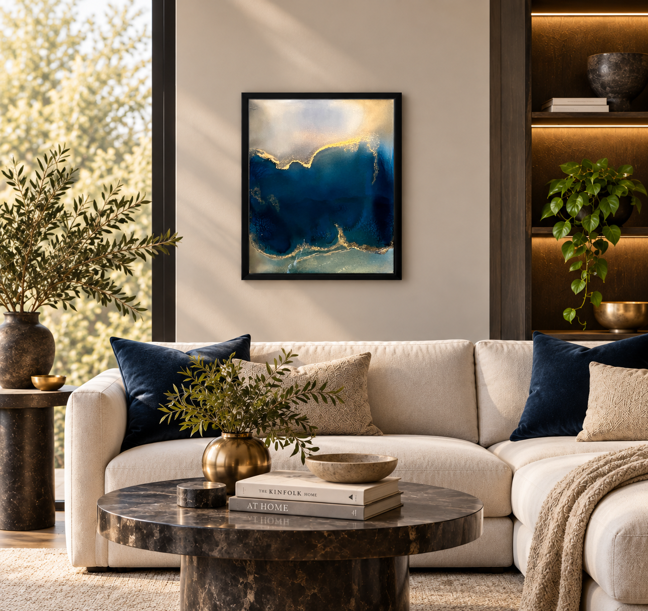 Living room with a beige sofa decorated with navy and beige pillows, a black marble coffee table with books, a marble side table with a vase of greenery, a large window with trees outside, abstract painting Lost at Sea artwork on the wall.