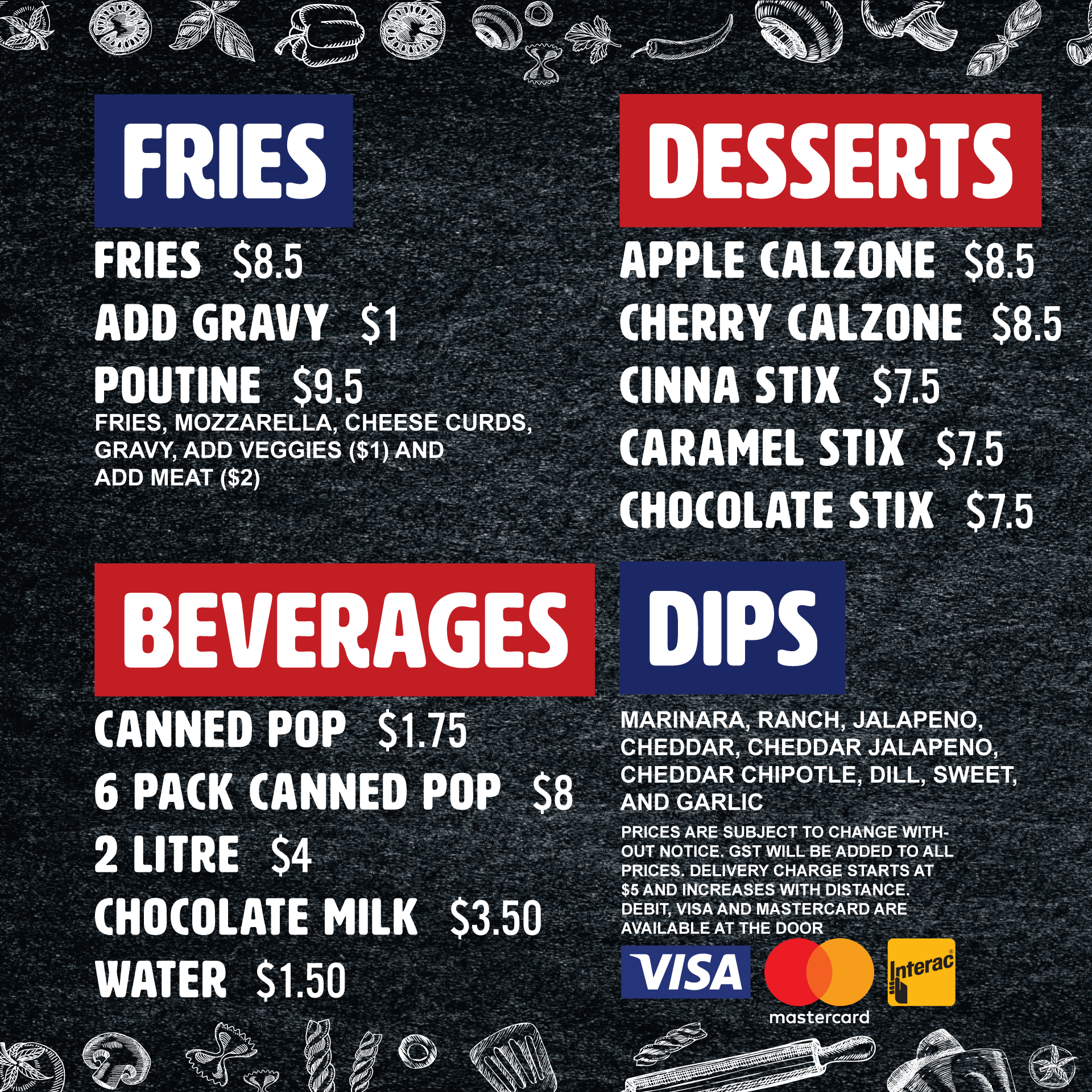 A menu with sections for Fries, Desserts, Beverages, and Dips on a dark textured background with doodle-style food and kitchen items on the top and bottom borders. The Fries section offers regular fries, gravy, and poutine. The Desserts section lists