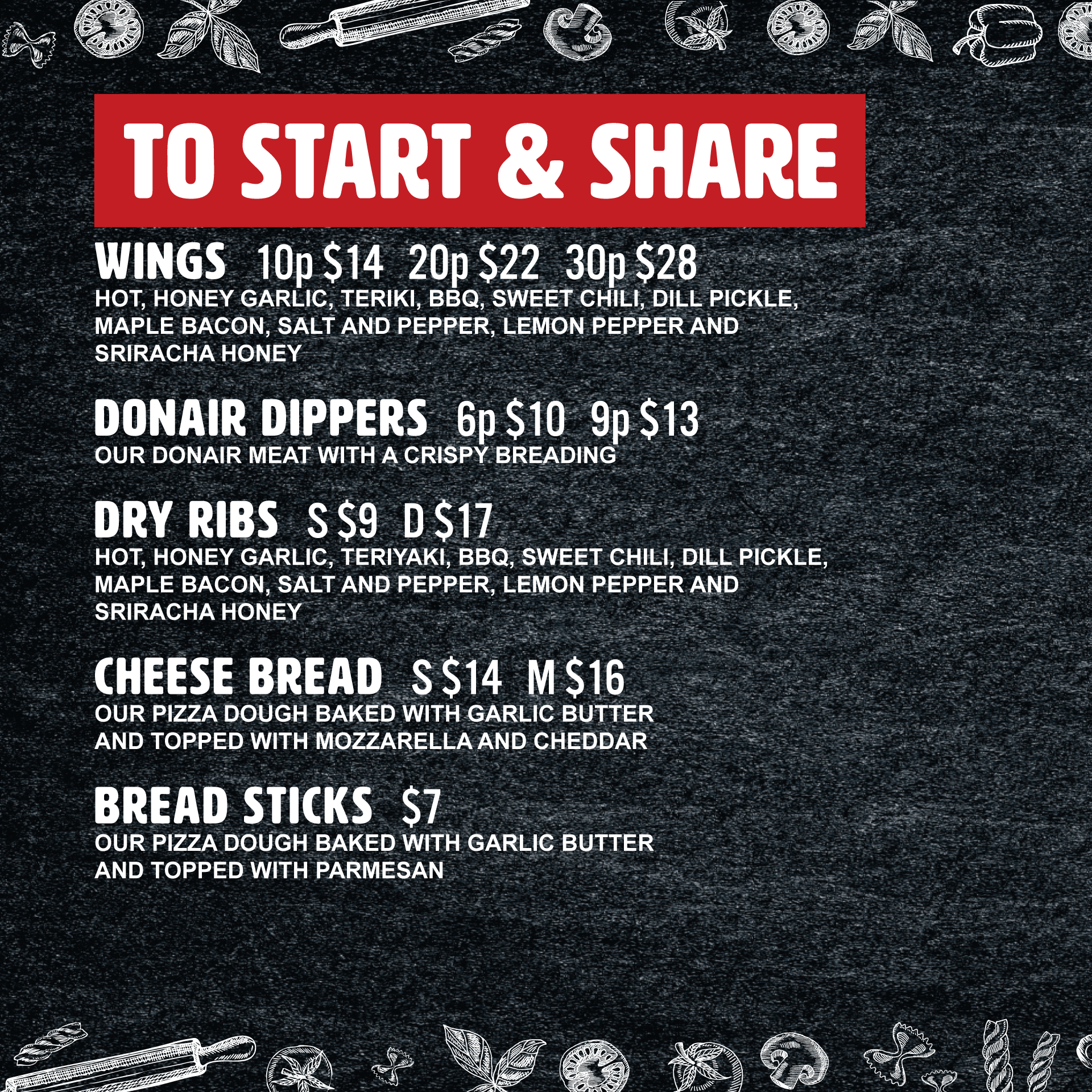 A menu board with various food options listed, including wings, donair dippers, dry ribs, cheese bread, and bread sticks, with prices and descriptions on a chalkboard-style background decorated with food-related doodles.