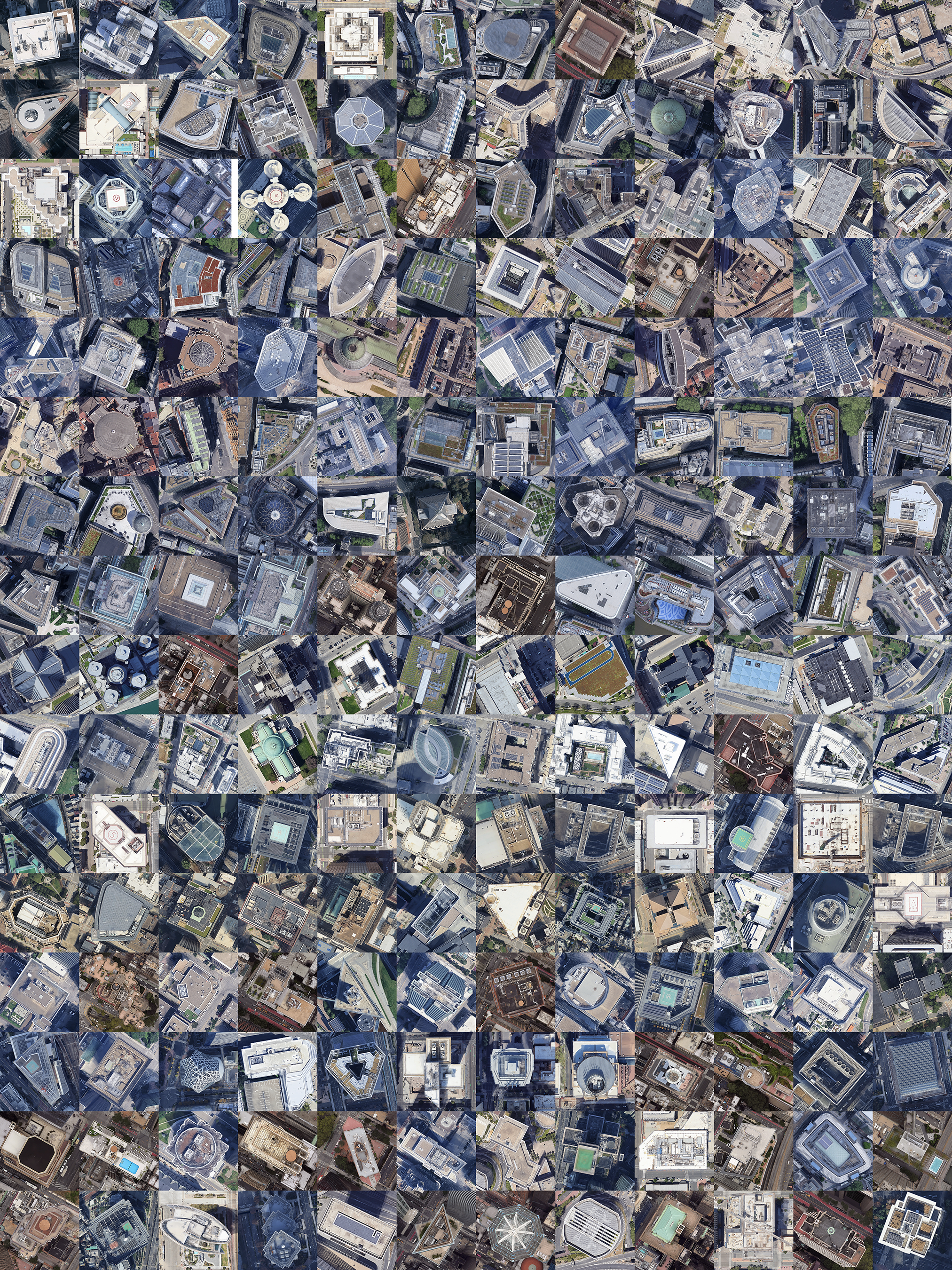 "Skyscrapers. Universal."
A high resolution satellite-shot (15 miles from surface) photomosaic of the tops of skyscrapers. Scalable from 36x48".