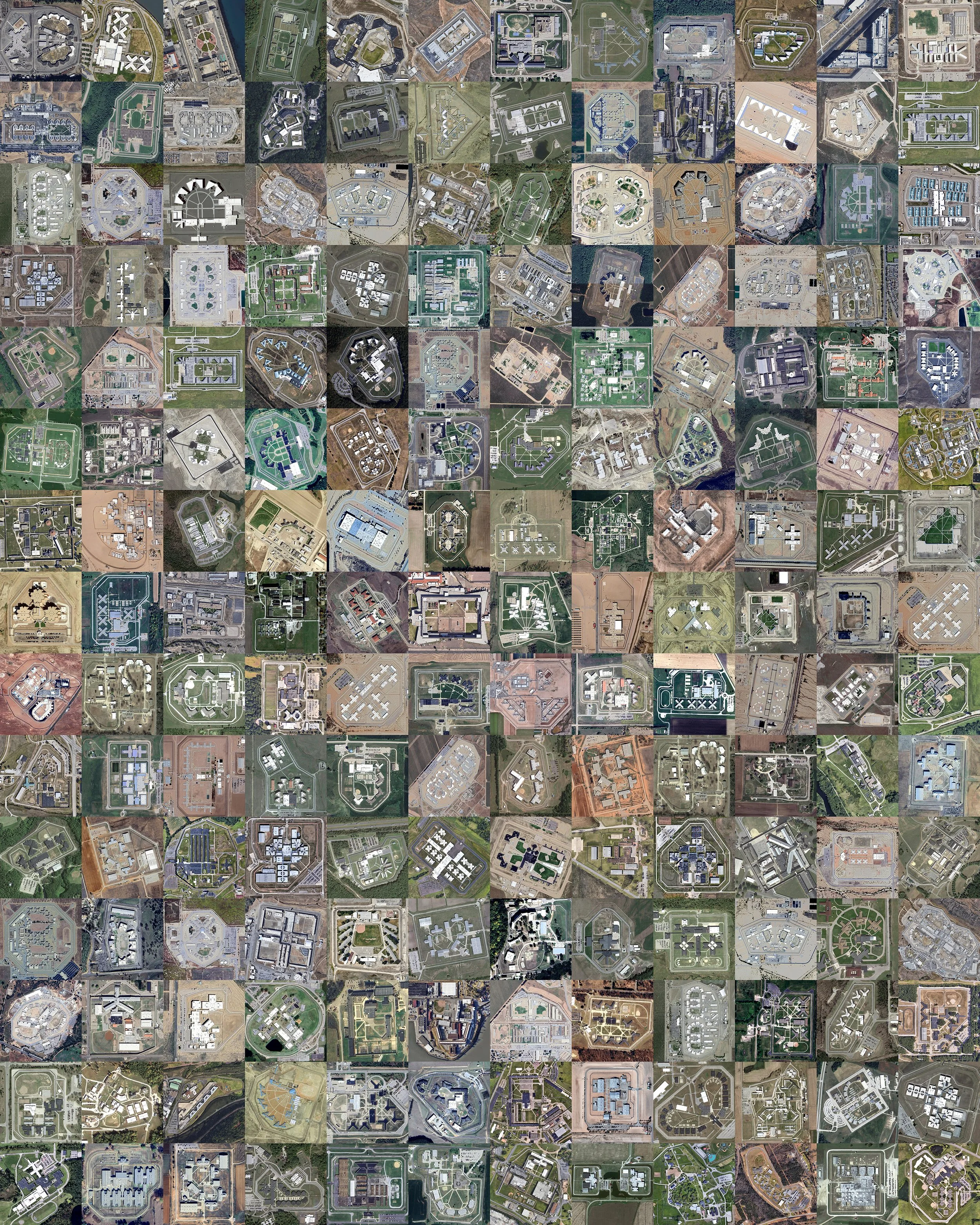 "Open Spaces."  A satellite-shot (10 mile from surface) photomosaic of 180 North American prison yards. Dye-sublimation on polished aluminum.