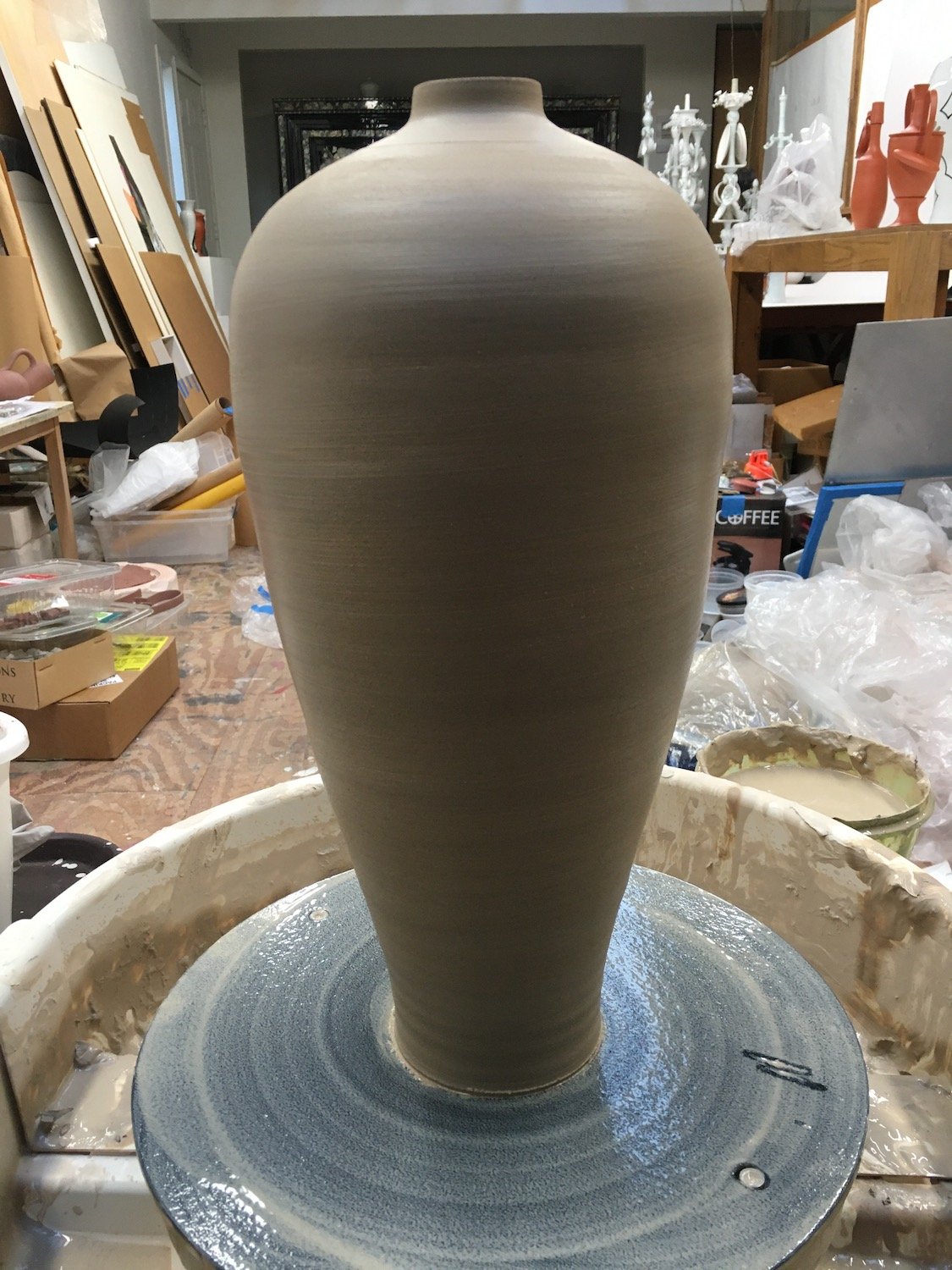  18” vessel thrown on the wheel in parts. 
