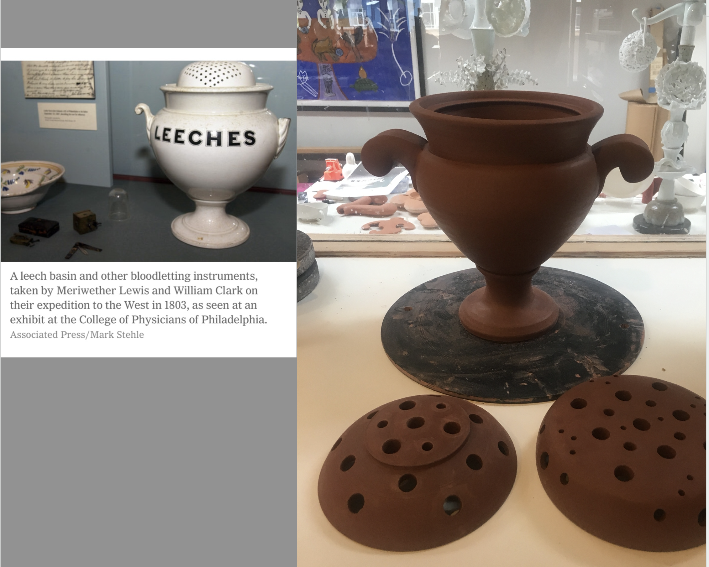  Above is the New York Times image that introduced me to a new kind of vessel:  Leech Basin.  On the right:  the vessel in progress with two lid options or a base and a lid. 