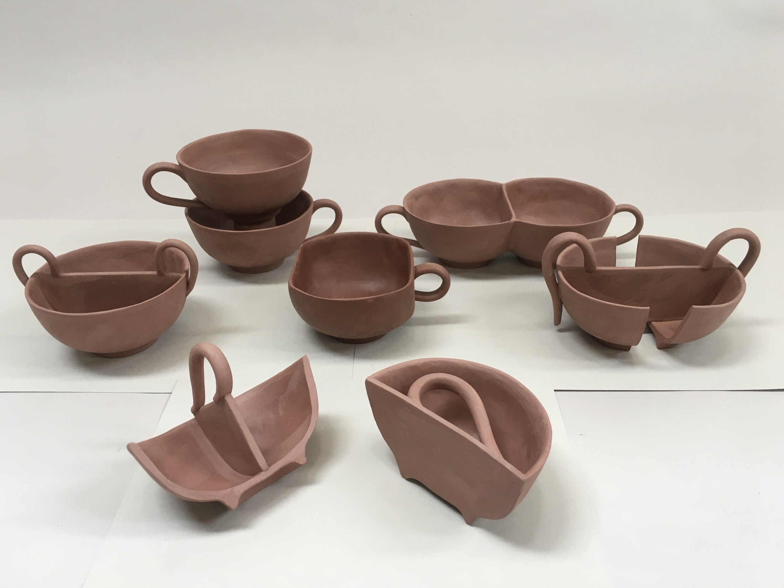  The exploration that led to “Cut Cups” began by slicing and dicing my signature teacup  and recombining the parts.  Eventually the cups became totally non-functional and abstract. 