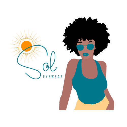 Illustration of a woman with curly hair wearing sunglasses and a teal tank top. Next to her is the logo for "Sol Eyewear," featuring a stylized sun and the word "Sol" in cursive. The overall theme suggests fashion and sun protection.