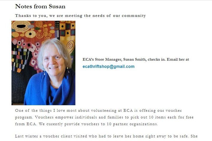Do you follow our Store Manager Susan's monthly welcome remarks in the newsletter?  Read all issues of &quot;Notes from Susan&quot; under the headline &quot;[Month] at ECA&quot; here: https://buff.ly/3P6LV2y