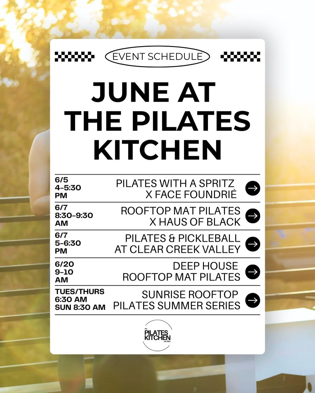 Summer is in full swing at The Pilates Kitchen &amp; we couldn&rsquo;t be more excited for June ☀️ 

Get outside &amp; move with us, whether for sunrise classes, happy hour Fridays, or pickle &amp; pilates. 

Visit the link in bio to book! 

#pilates
