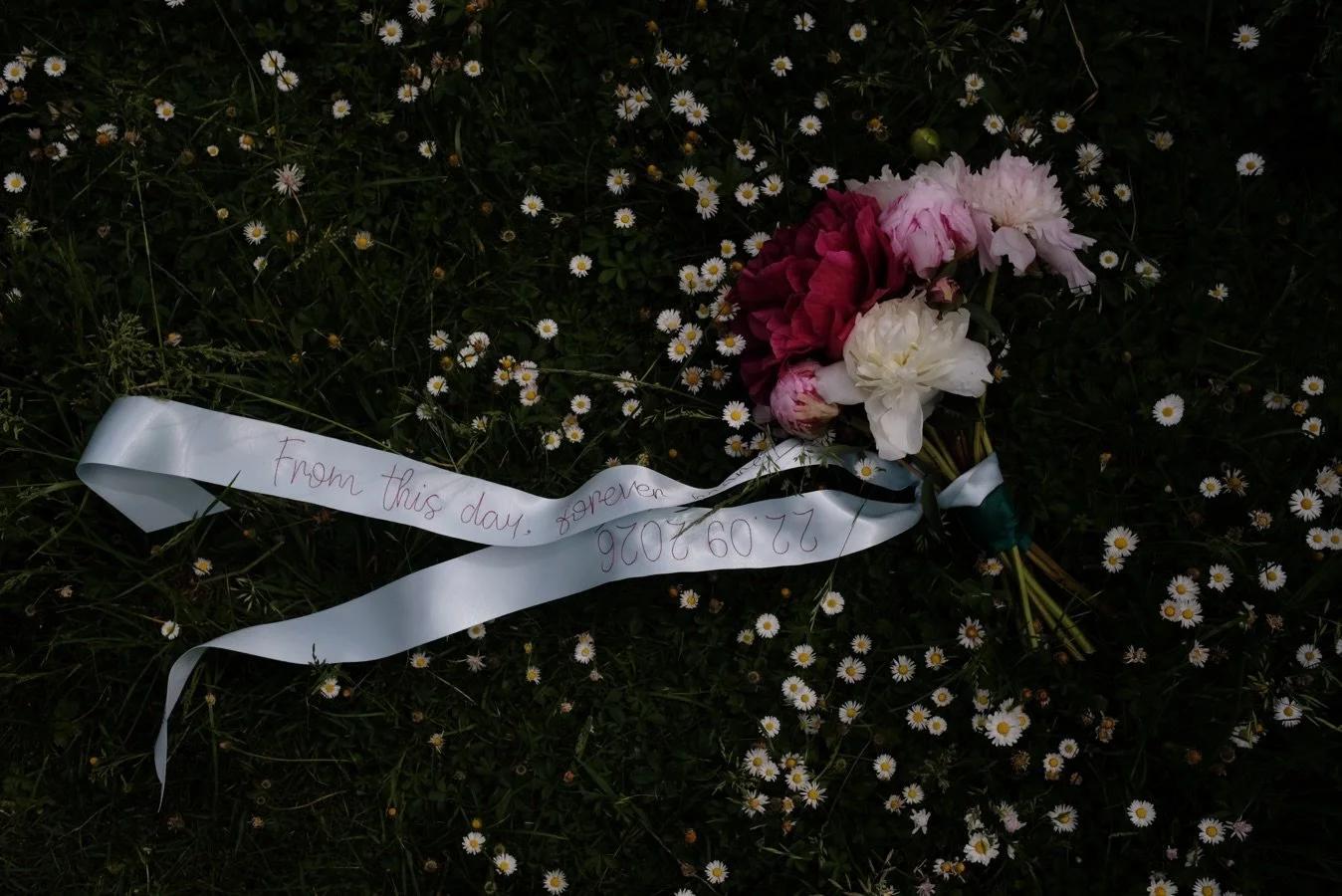 From this day, forever more 
Our gorgeous hand embroidered modern calligraphy in red onto cornflower blue ribbon is a beautiful piece for your wedding. 
Each element is customisable to suit your colour scheme, we even embroidered in handwriting. 
Mak