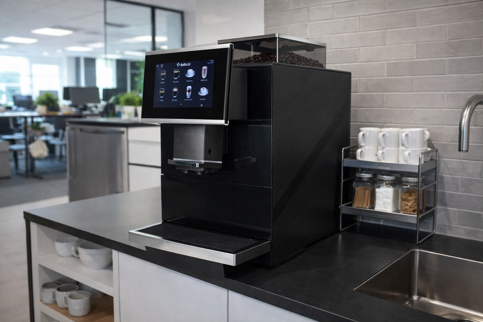 Multiple modern coffee vending machines with digital screens, spilling coffee beans, and various compartments, all placed on a dark surface.